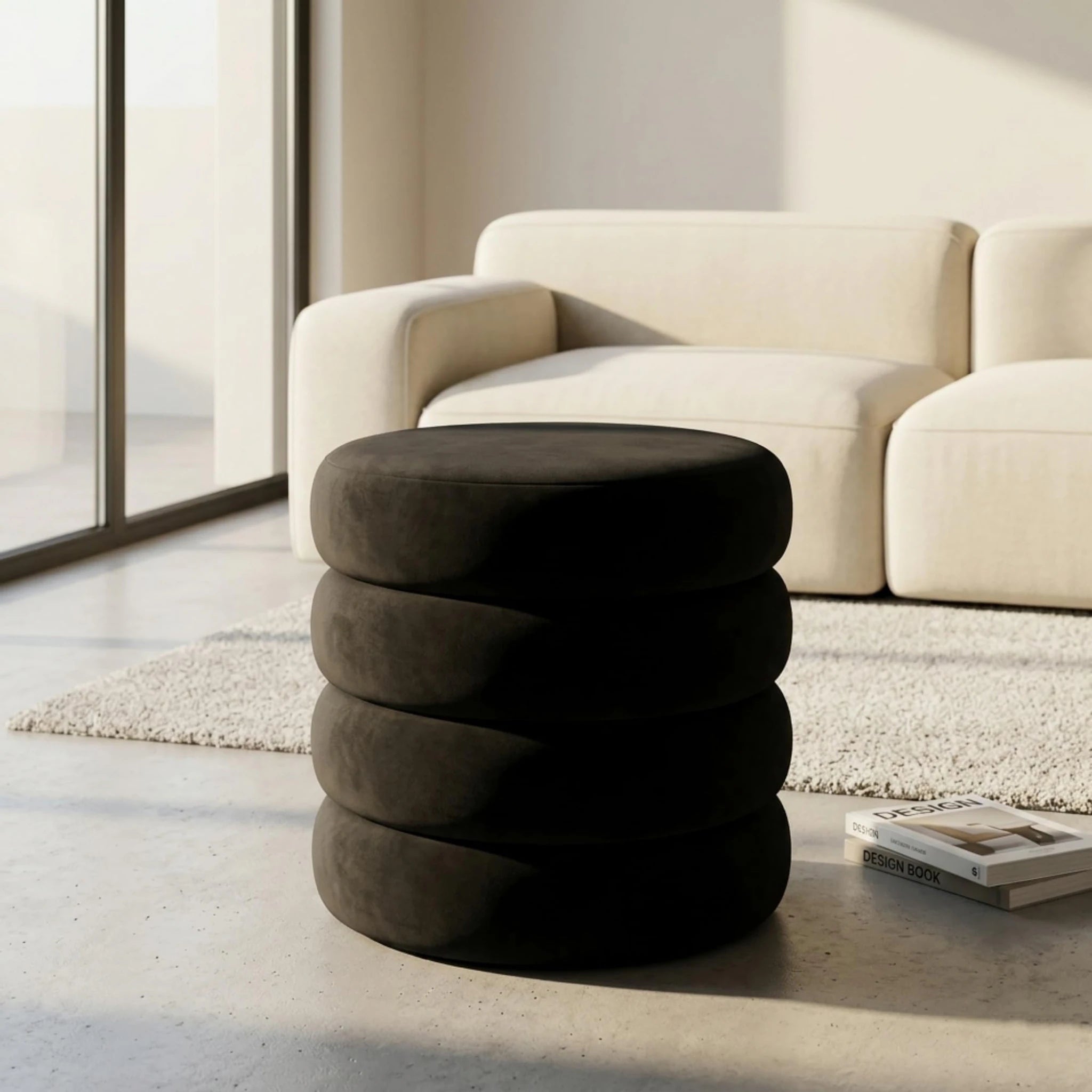 ASense Black Fabric Round Storage Ottoman – styled home scene