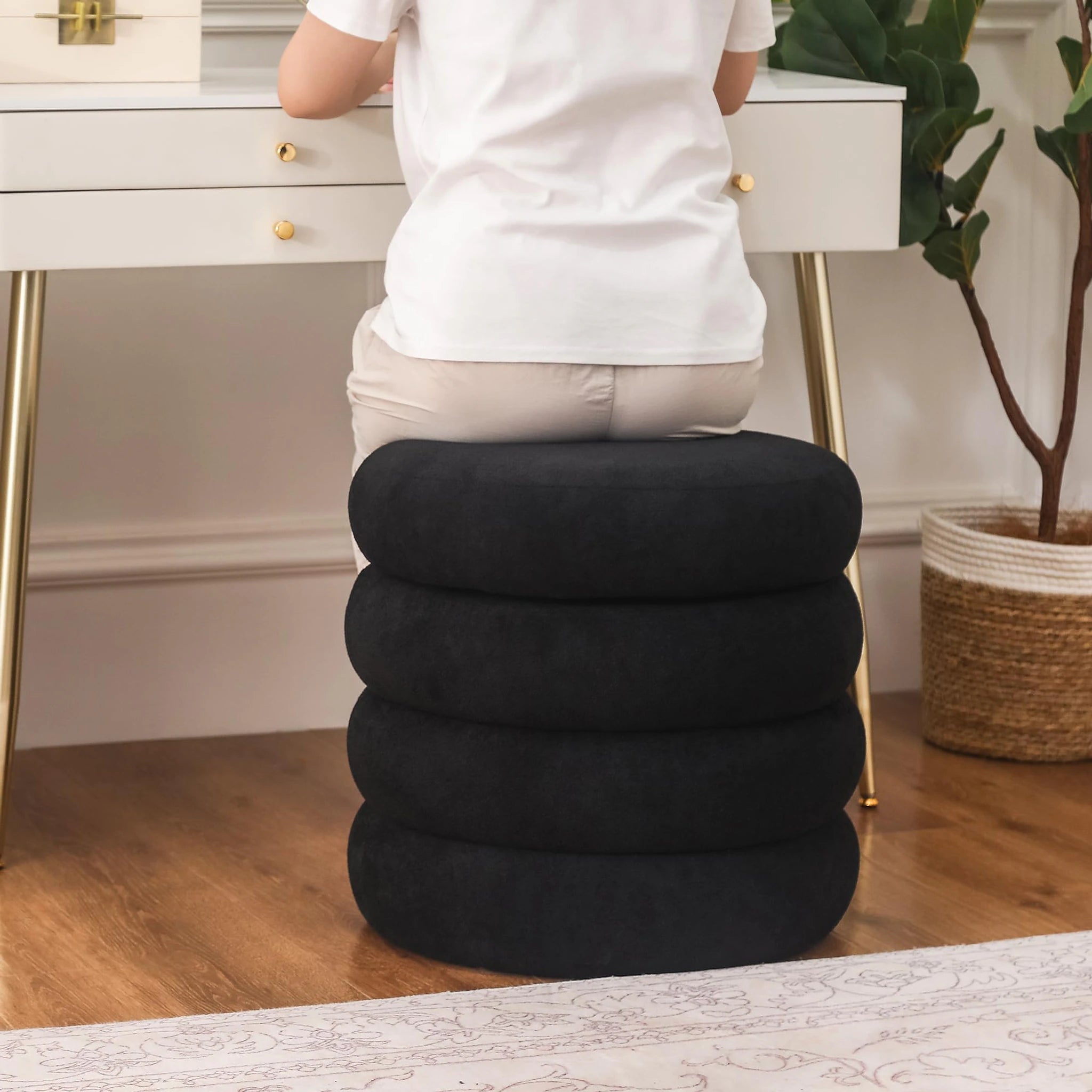 ASense Black Fabric Round Storage Ottoman – detail and materials view