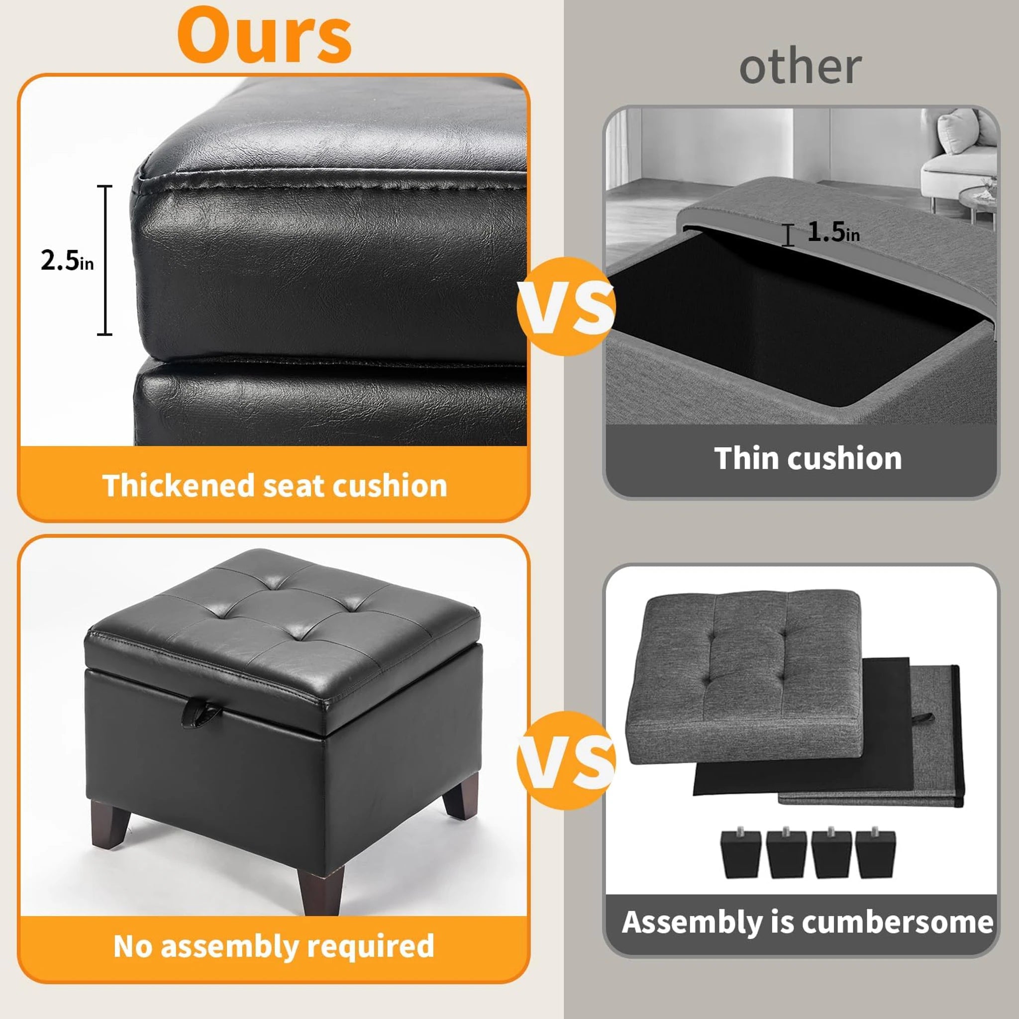 ASense Black Faux Leather Square Storage Ottoman – detail and materials view