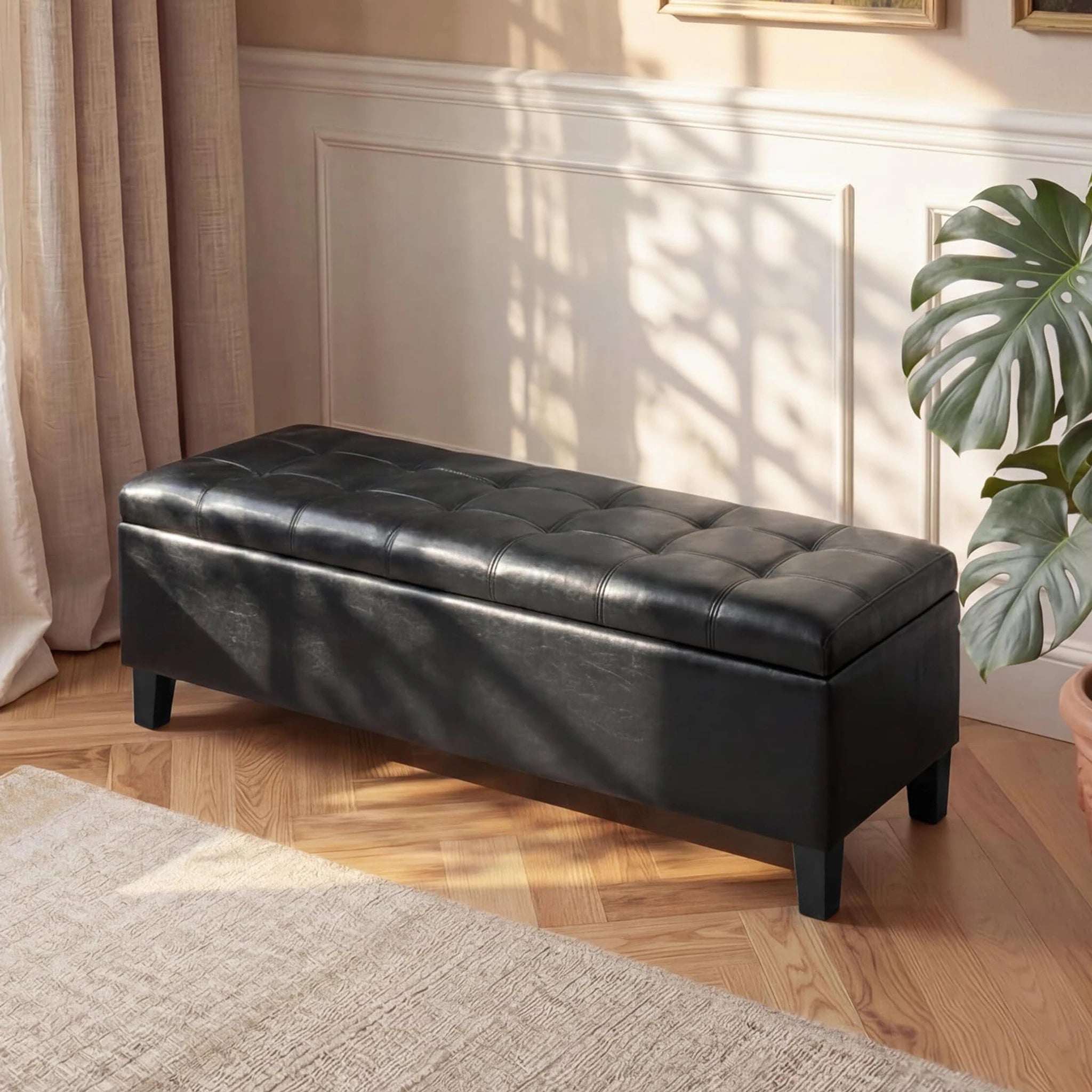 ASense Black Tufted Linen Storage Ottoman Bench – styled home scene