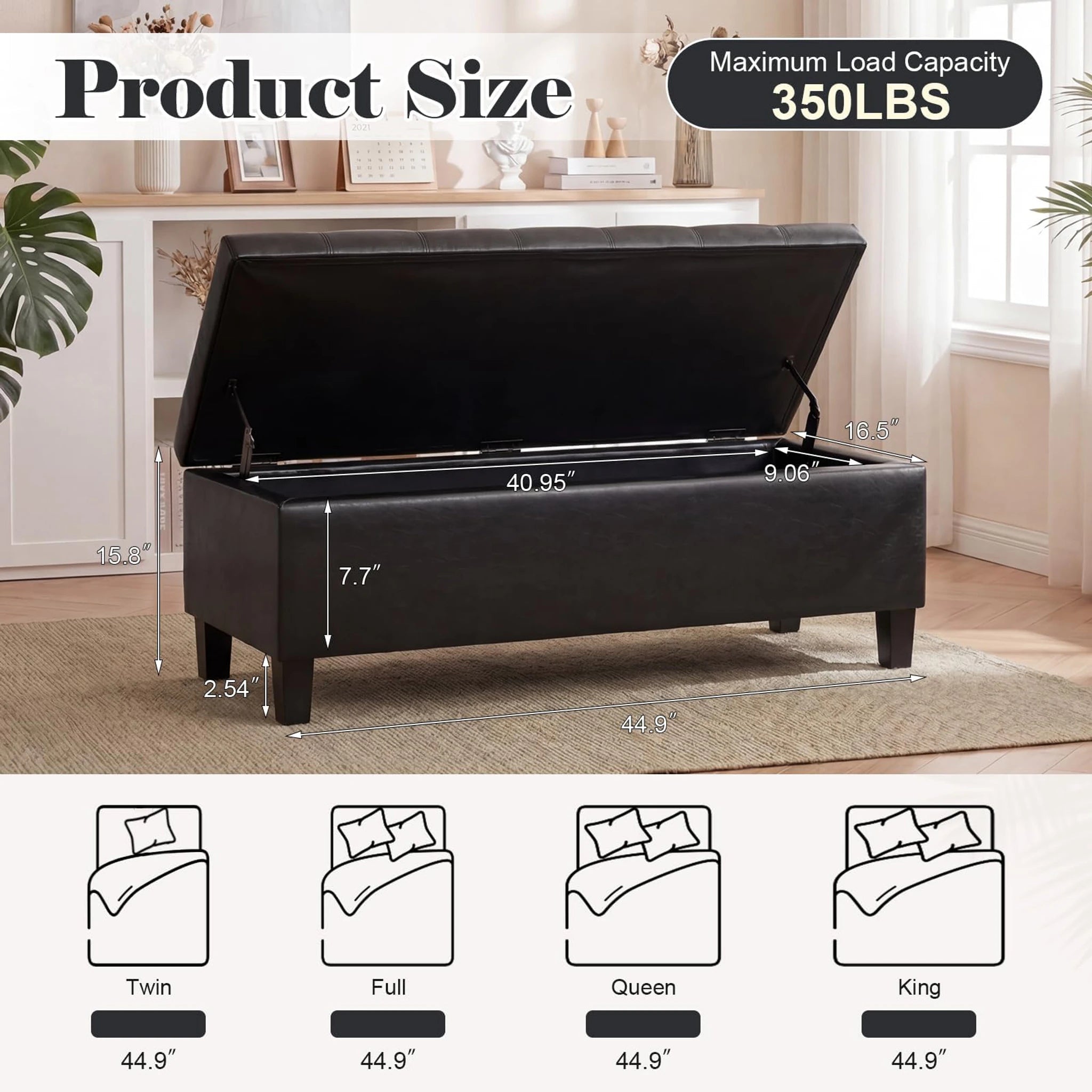 ASense Black Tufted Linen Storage Ottoman Bench – dimensions chart