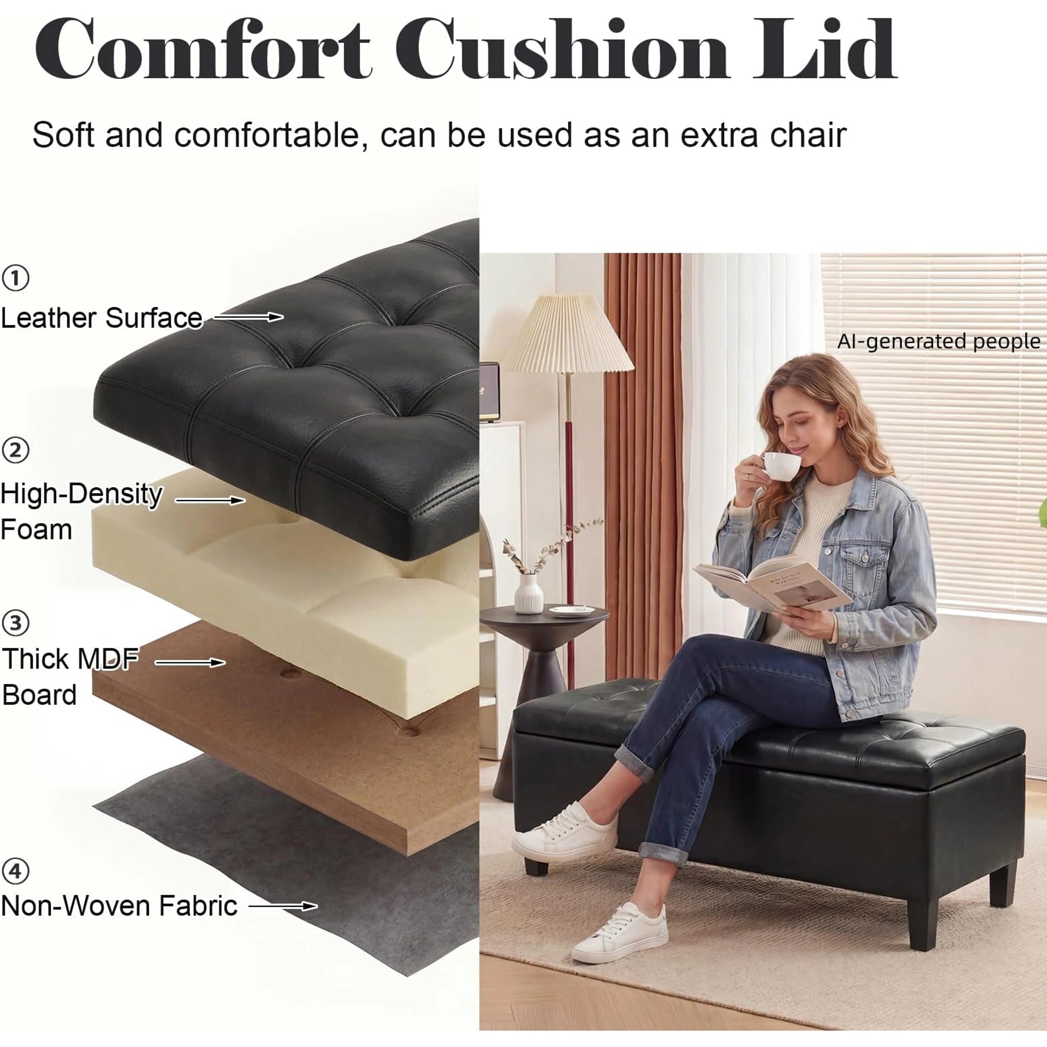 ASense Black Tufted Linen Storage Ottoman Bench – detail and materials view