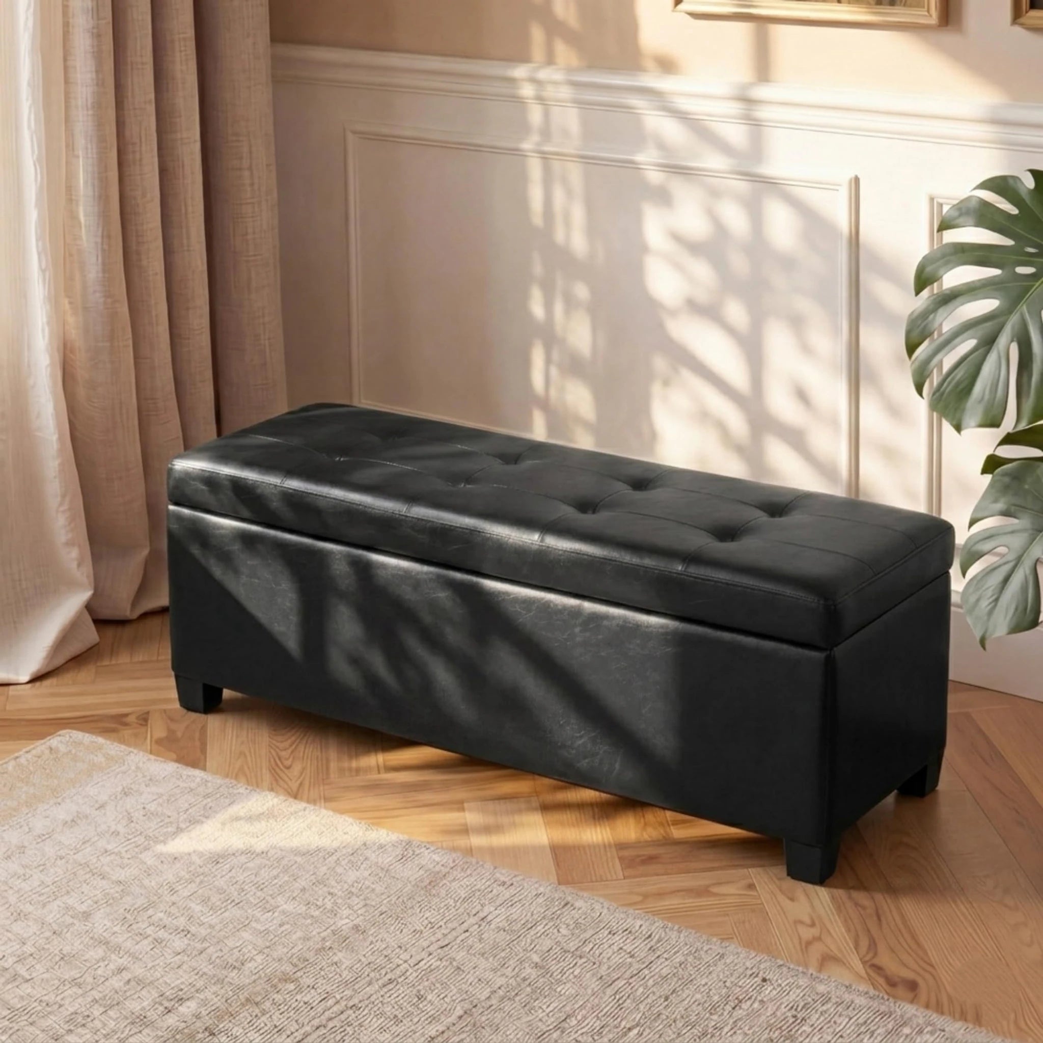 ASense Black Tufted Storage Ottoman Bench – styled home scene