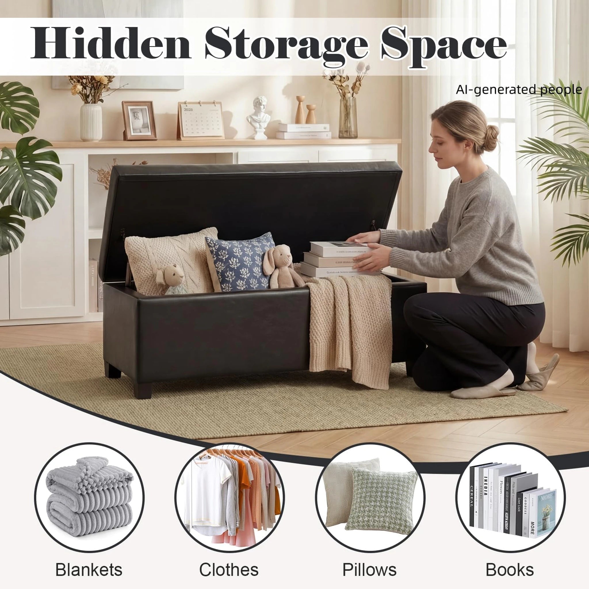 ASense Black Tufted Storage Ottoman Bench – lifestyle room view