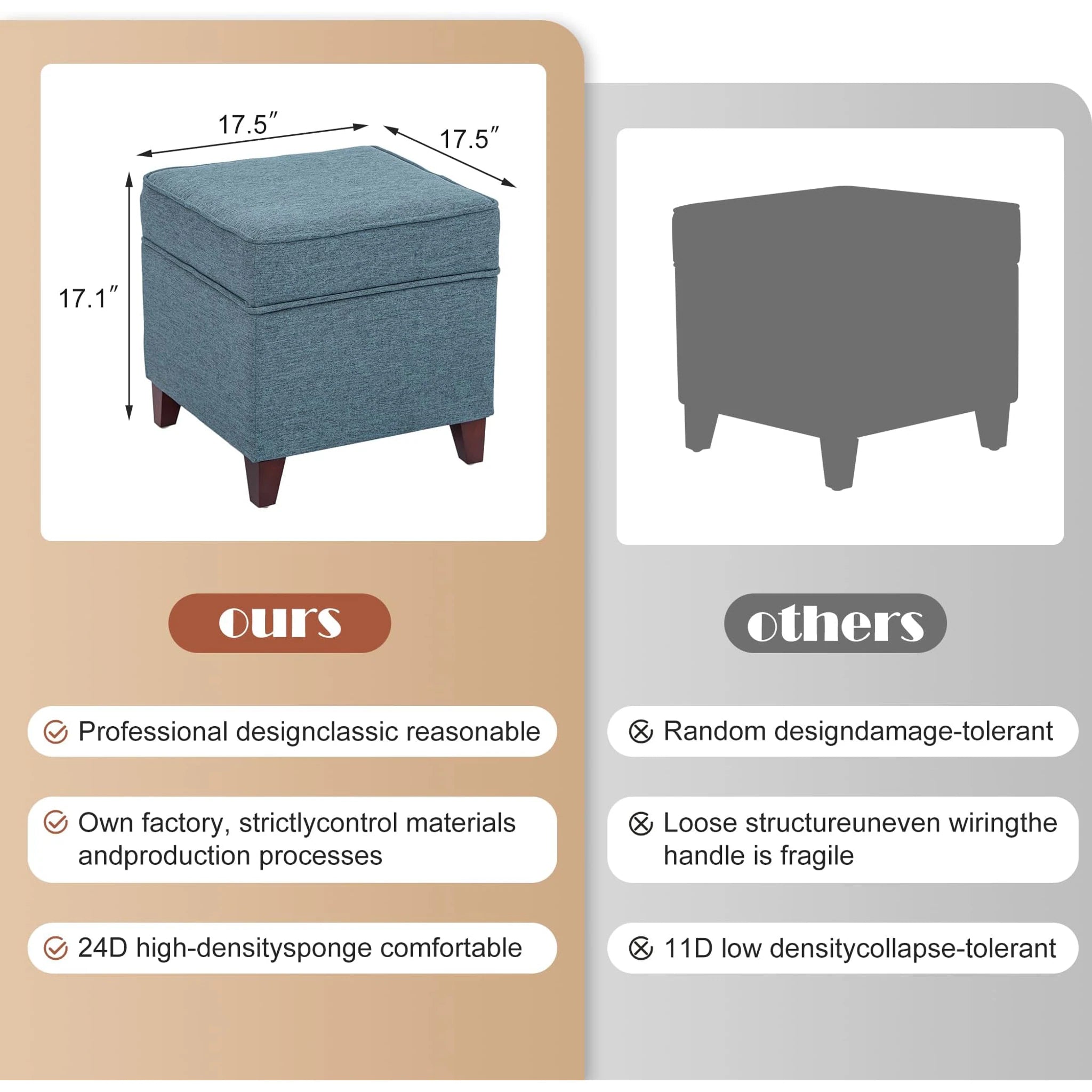ASense Blue Linen Square Storage Ottoman – dimensions chart