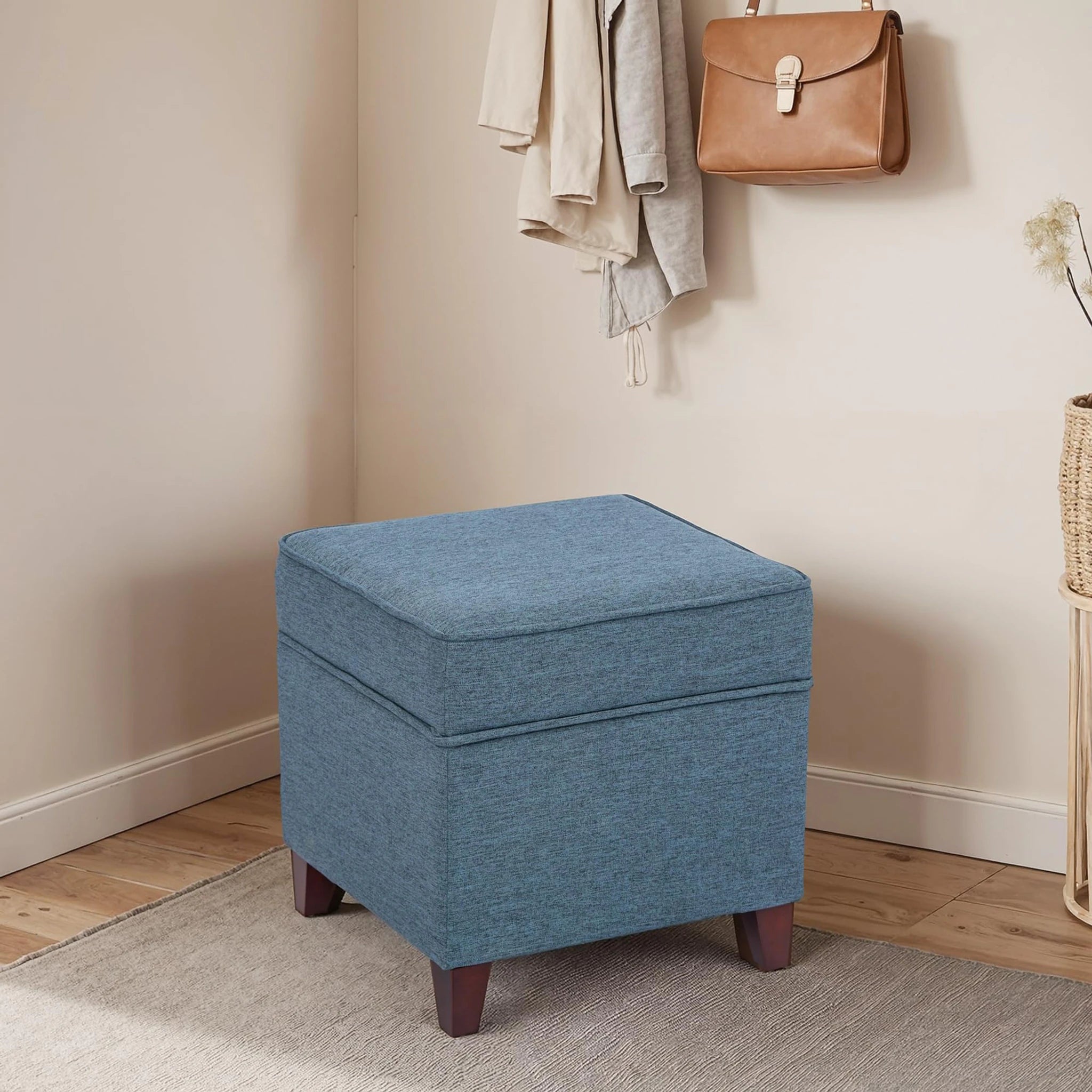 ASense Blue Linen Square Storage Ottoman – lifestyle room view