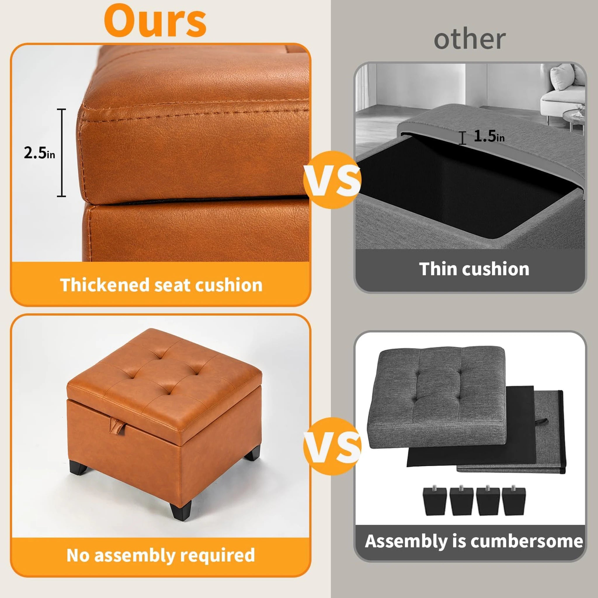 ASense Brown Faux Leather Square Storage Ottoman – detail and materials view
