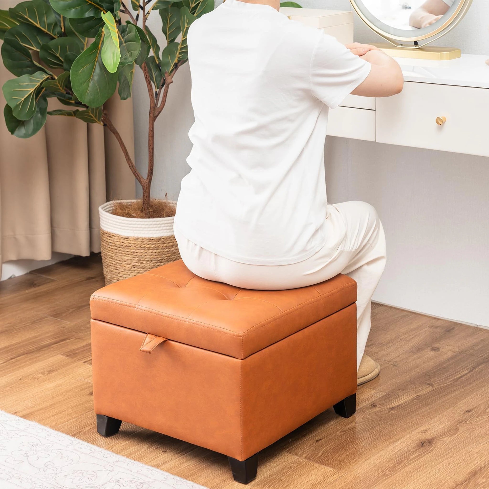 ASense Brown Faux Leather Square Storage Ottoman – lifestyle room view