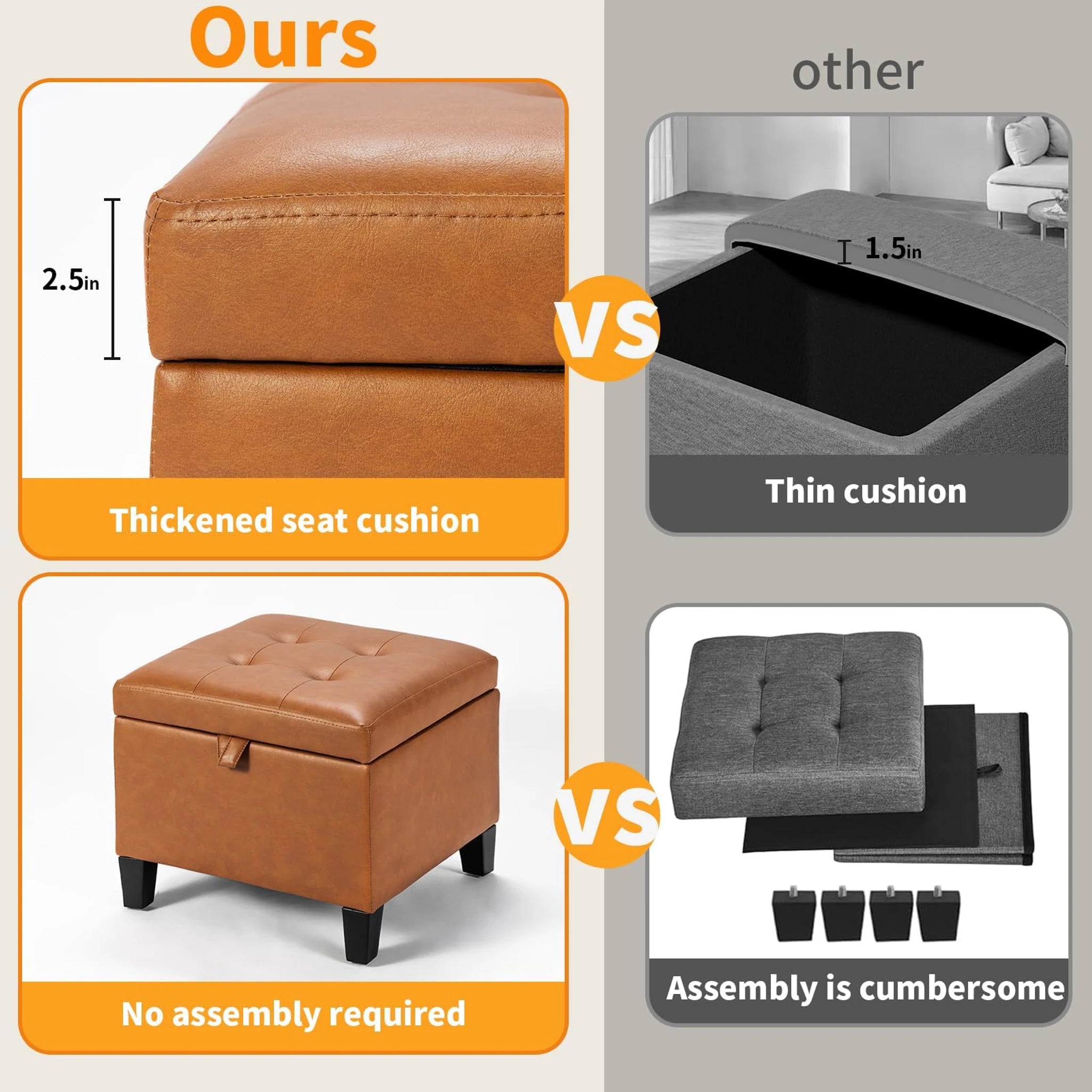 ASense Brown Orange Faux Leather Square Storage Ottoman – detail and materials view