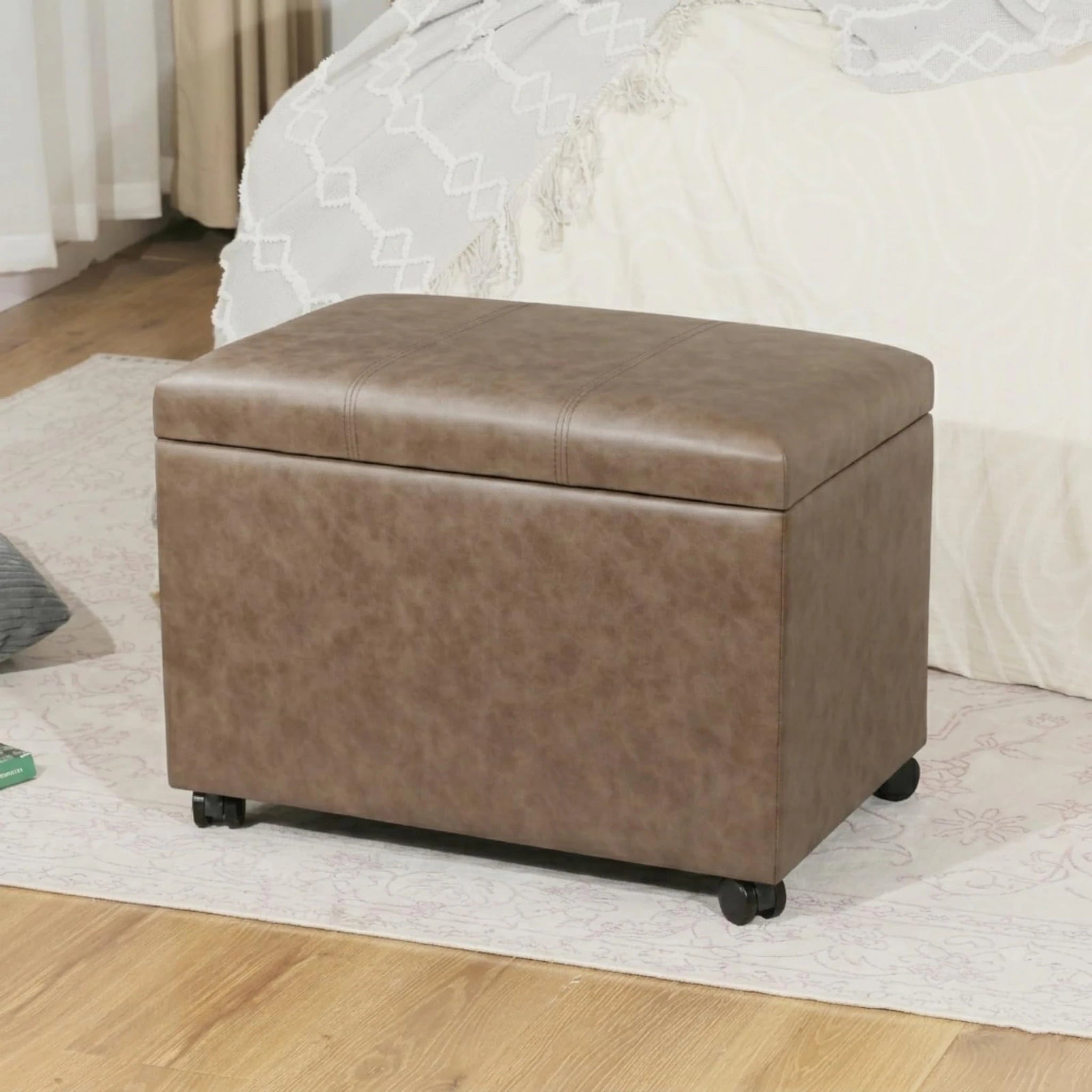 ASense Brown With Wheels Tray-Top Tufted Faux Leather Storage Ottoman – styled home scene