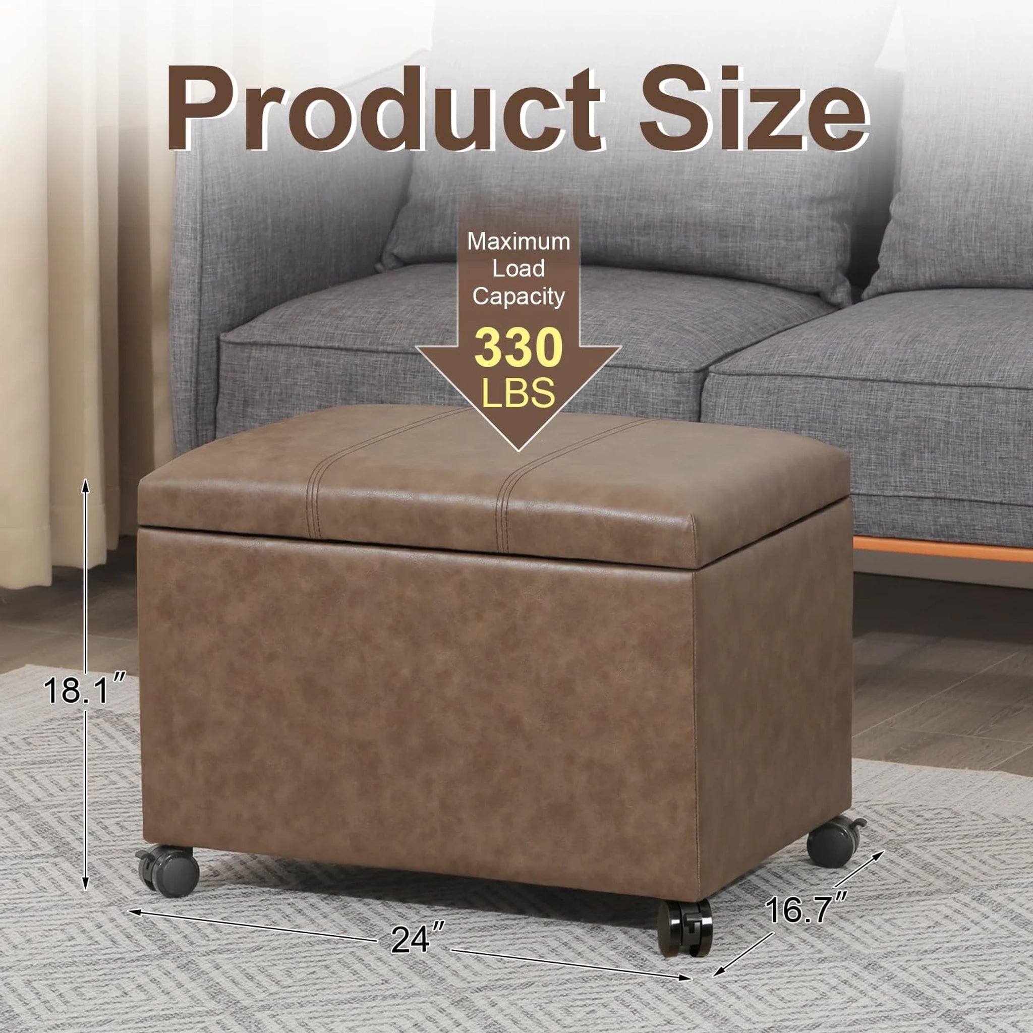 ASense Brown With Wheels Tray-Top Tufted Faux Leather Storage Ottoman – dimensions chart