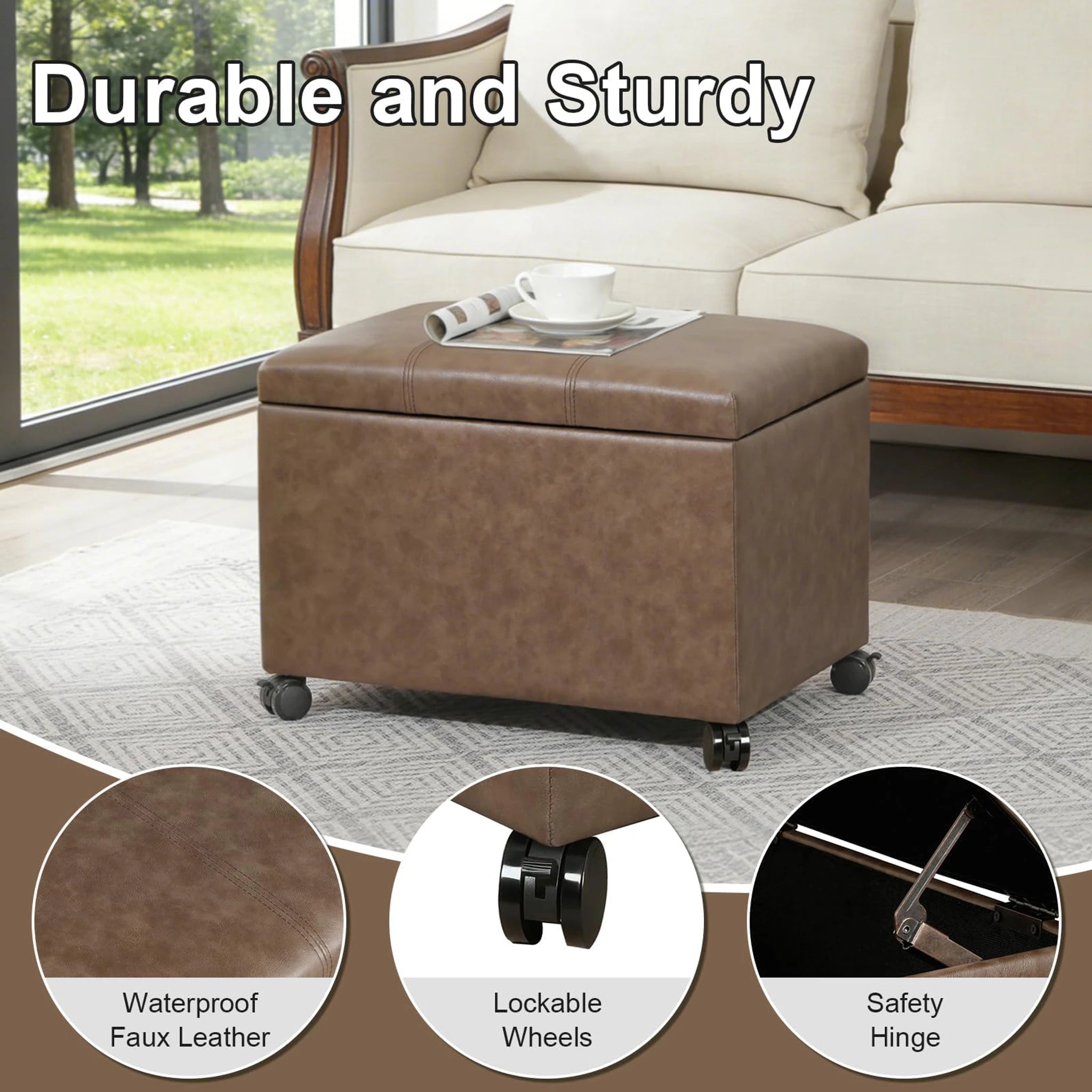 ASense Brown With Wheels Tufted Faux Leather Storage Ottoman – styled home scene