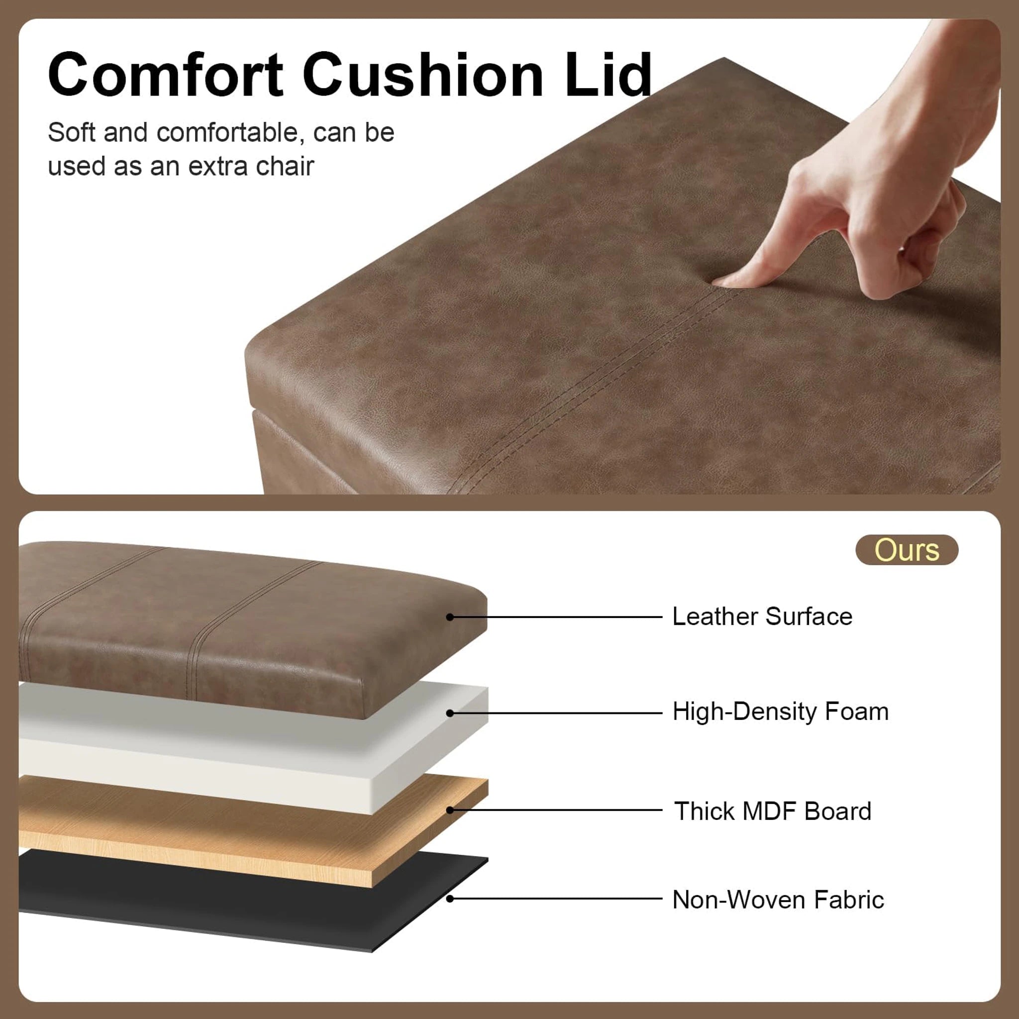 ASense Brown With Wheels Tufted Faux Leather Storage Ottoman – detail and materials view