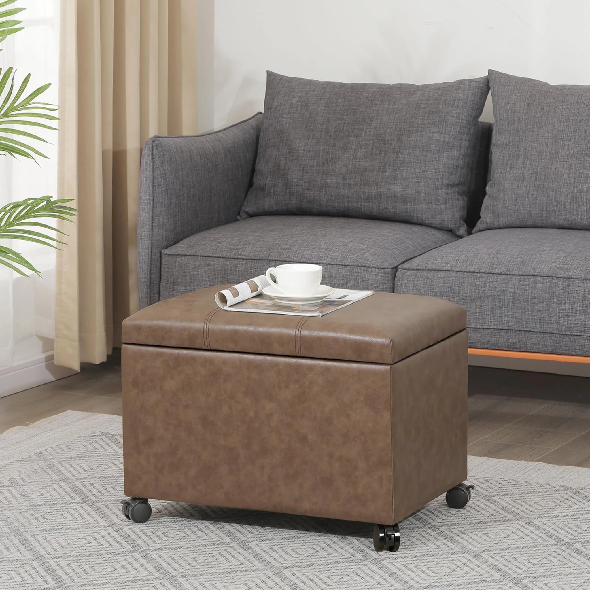 ASense Brown With Wheels Tufted Faux Leather Storage Ottoman – lifestyle room view