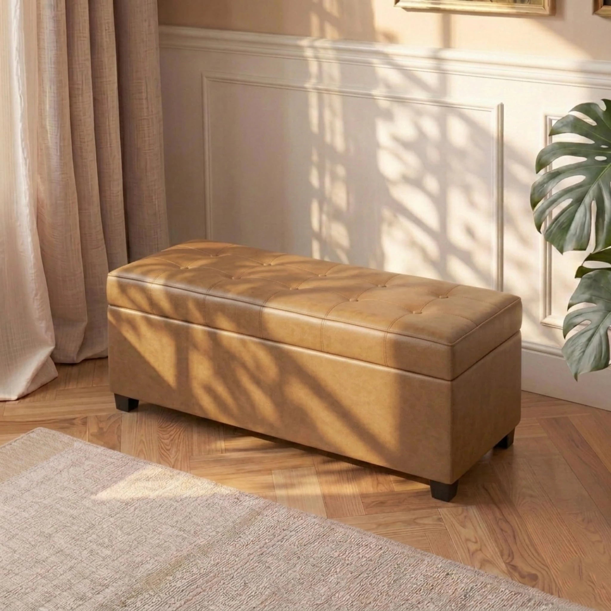 ASense Caramel Brown Tufted Faux Leather Storage Ottoman Bench – styled home scene