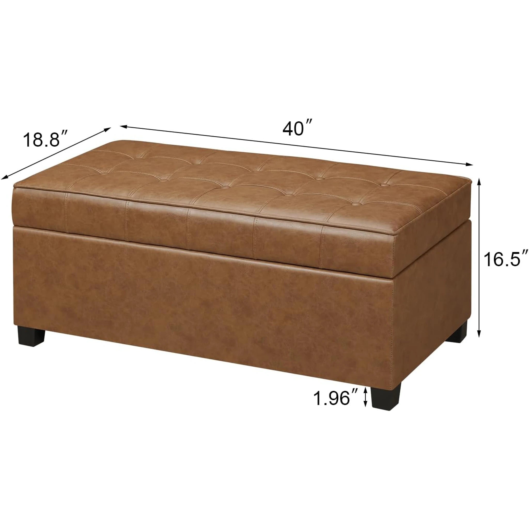 ASense Caramel Brown Tufted Faux Leather Storage Ottoman Bench – dimensions chart