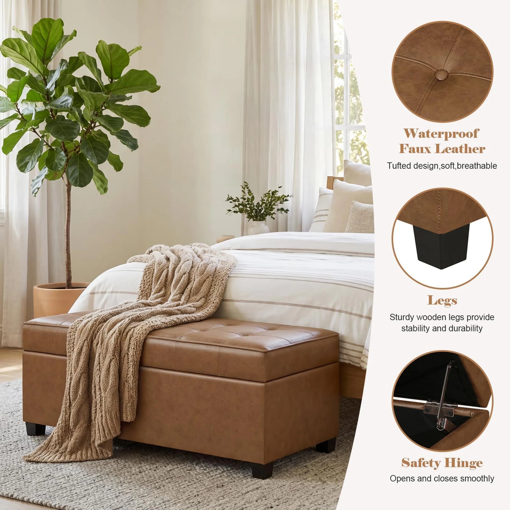 ASense Caramel Brown Tufted Faux Leather Storage Ottoman Bench – detail and materials view