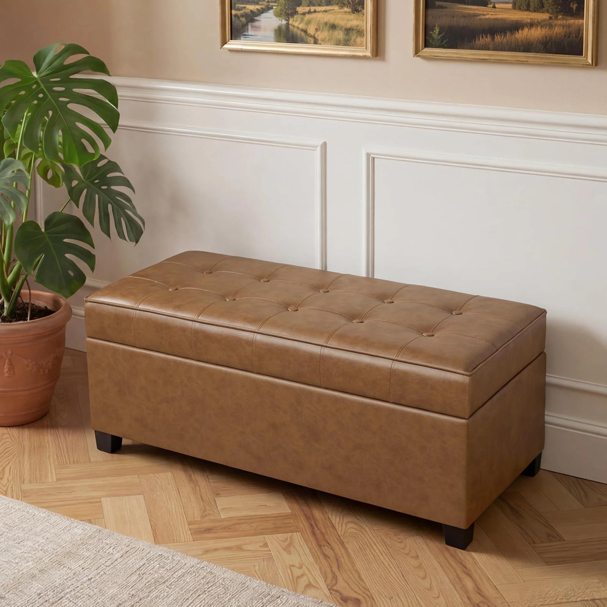 ASense Caramel Brown Tufted Faux Leather Storage Ottoman Bench – lifestyle room view