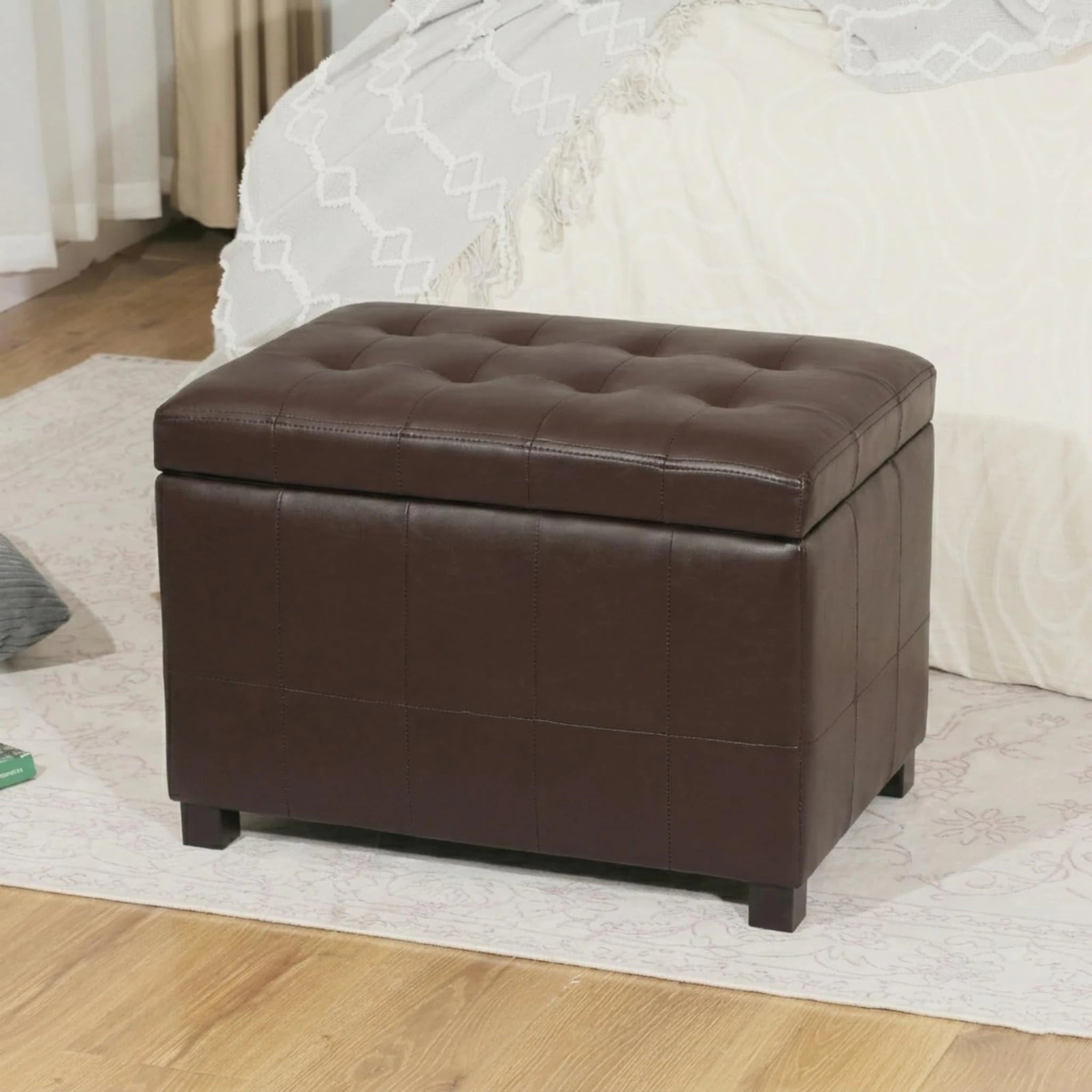 ASense Chocolate Brown Faux Leather Storage Ottoman – styled home scene