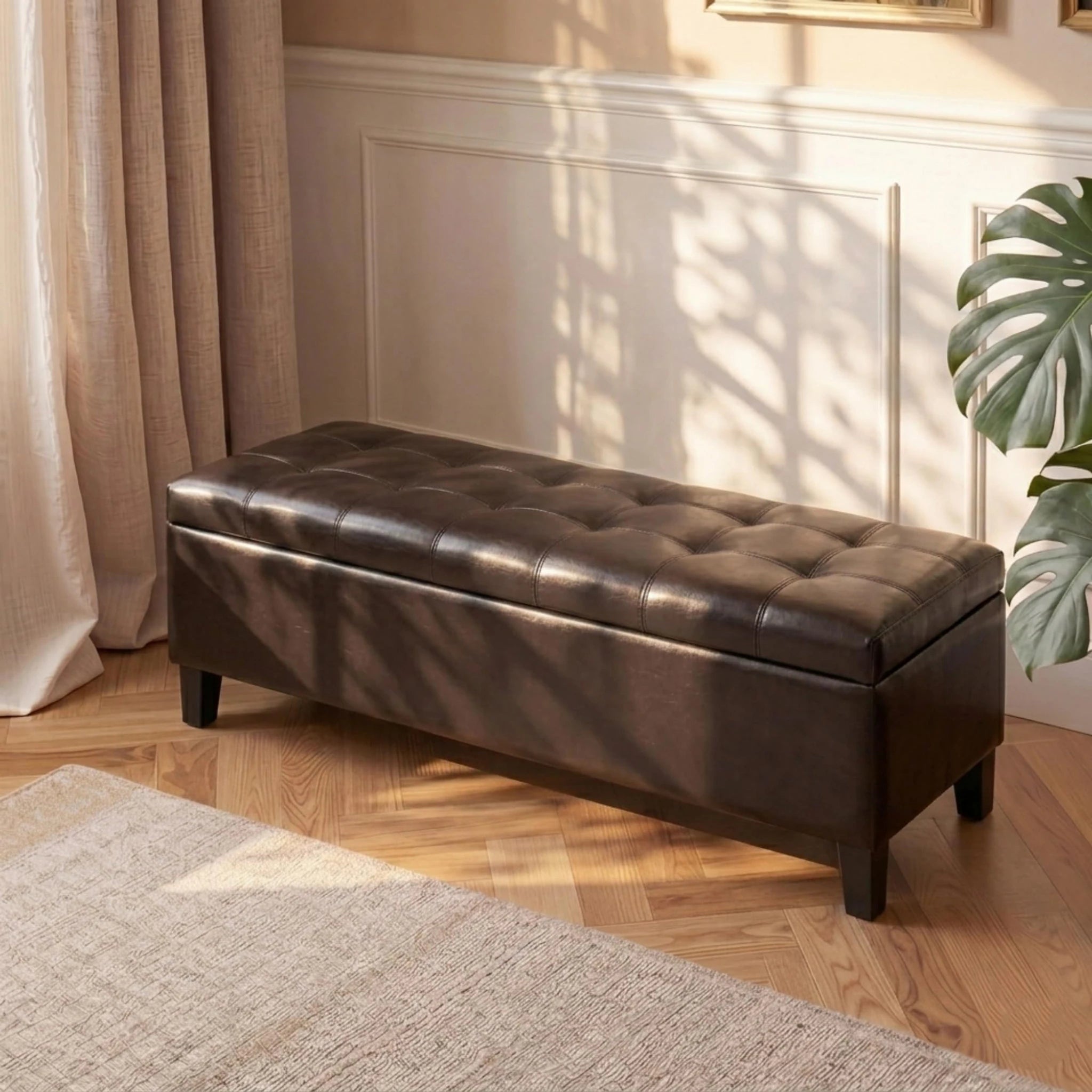 ASense Chocolate Brown Tufted Linen Storage Ottoman Bench – styled home scene