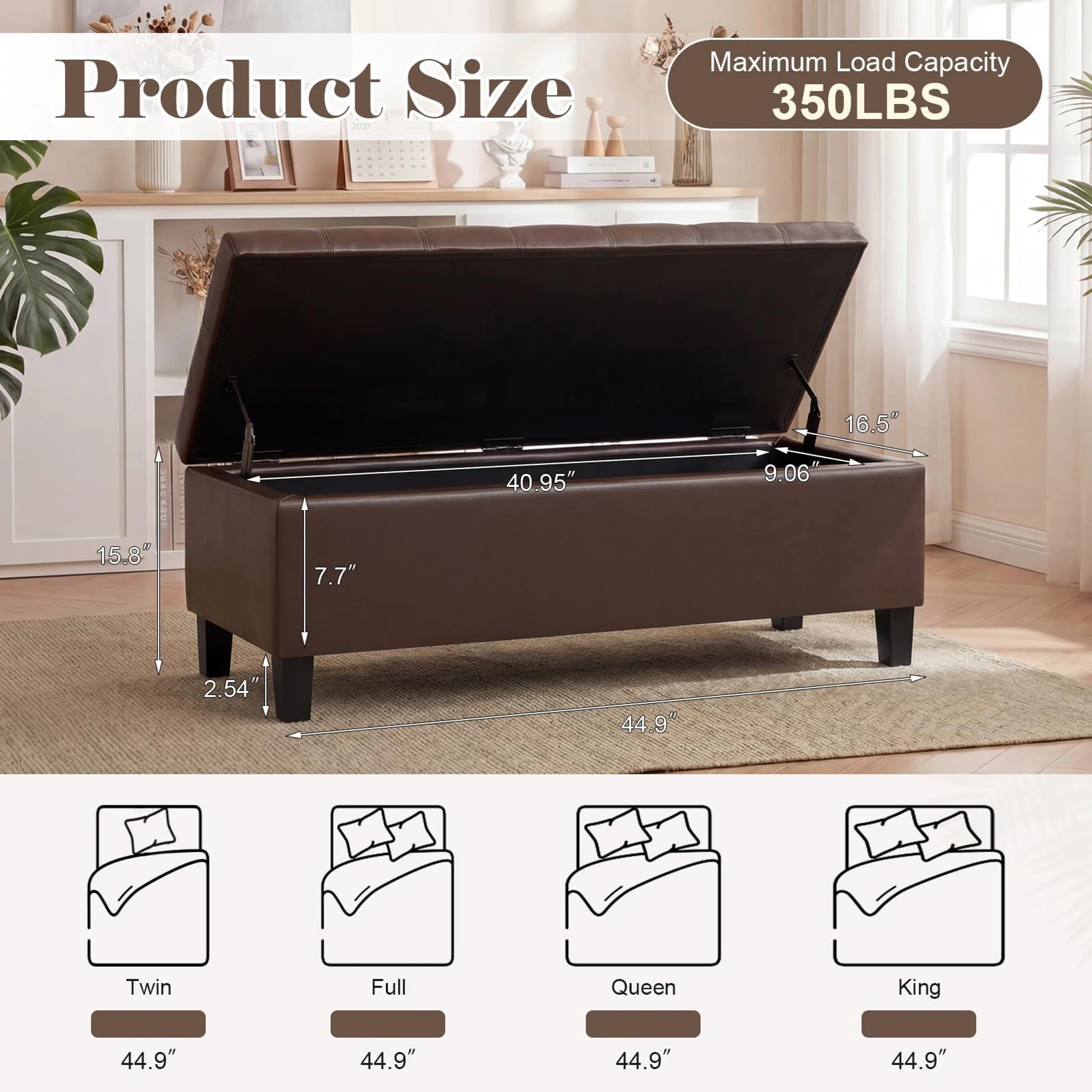 ASense Chocolate Brown Tufted Linen Storage Ottoman Bench – dimensions chart