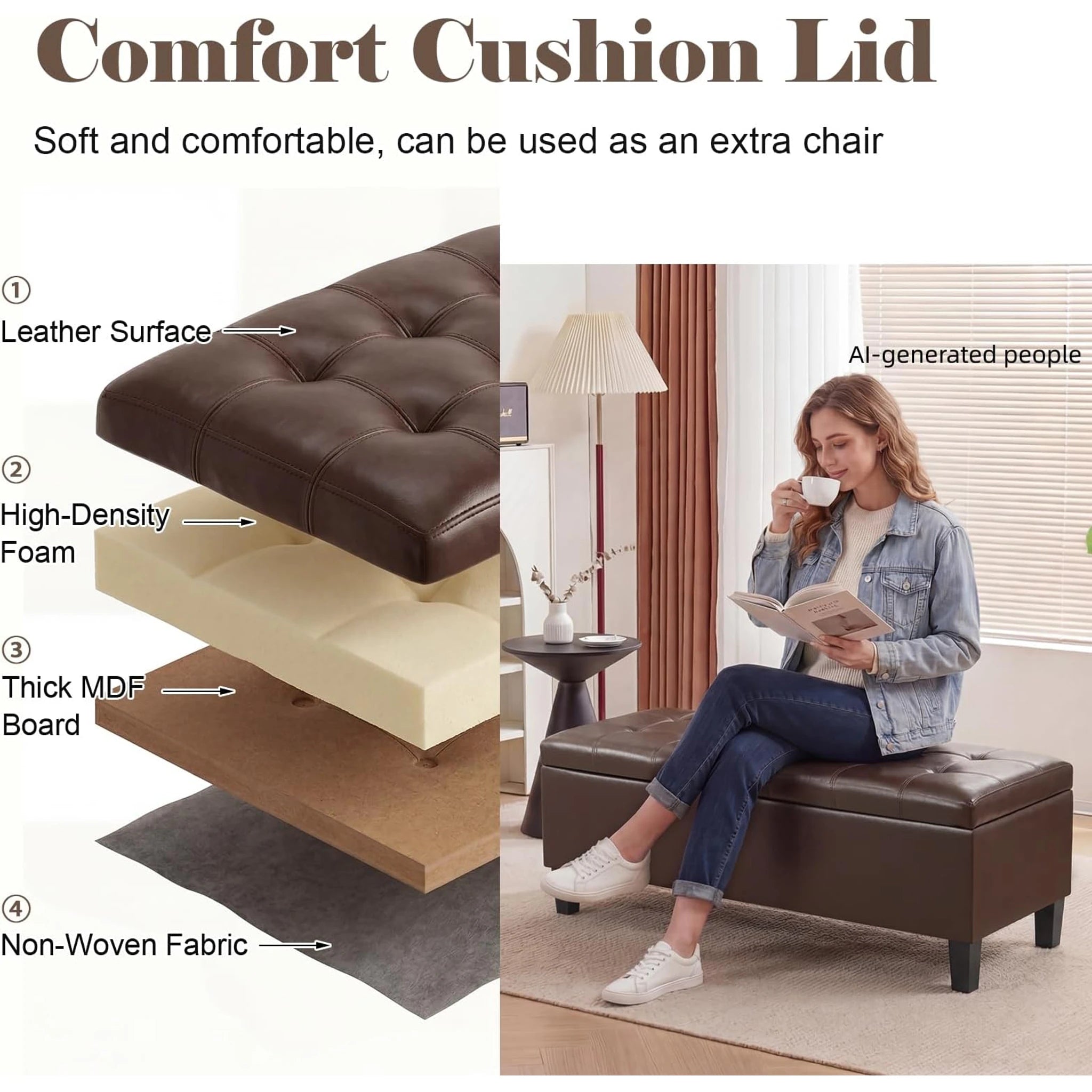 ASense Chocolate Brown Tufted Linen Storage Ottoman Bench – detail and materials view