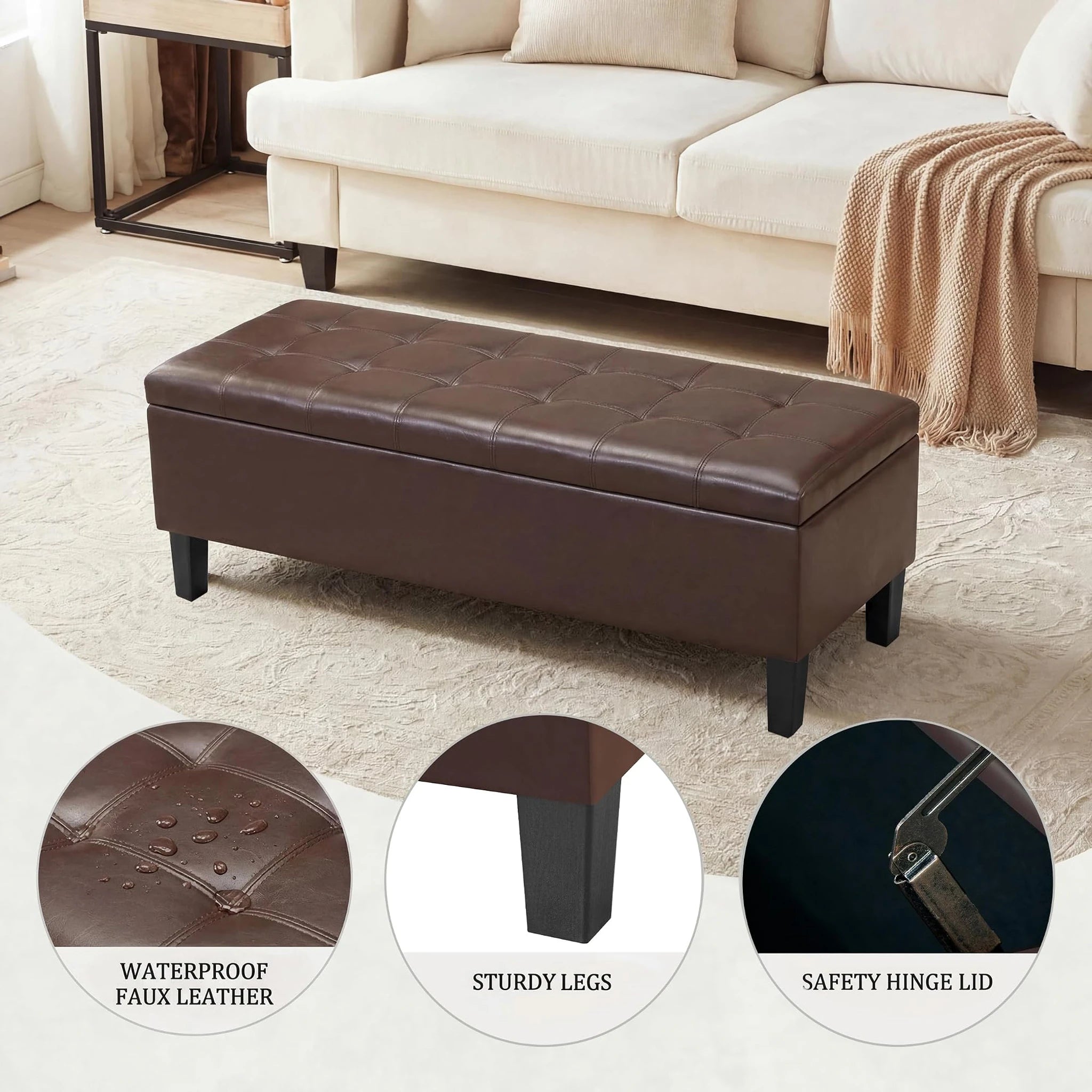 ASense Chocolate Brown Tufted Linen Storage Ottoman Bench – lifestyle room view