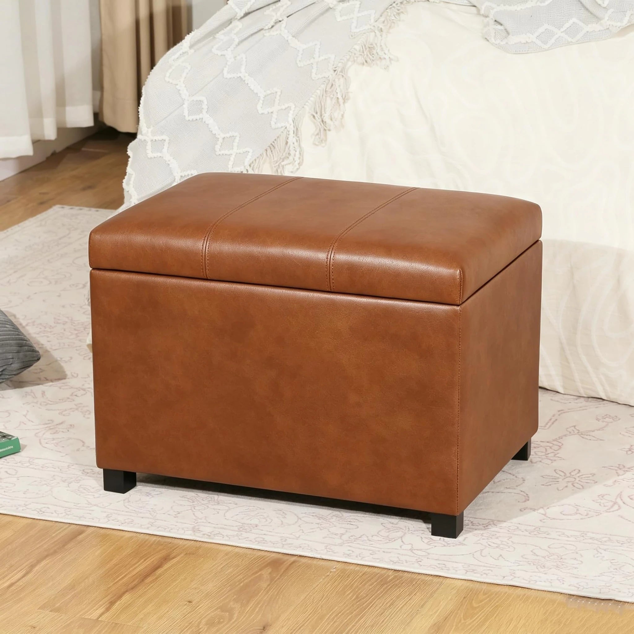ASense Cognac Brown Faux Leather Storage Ottoman – styled home scene