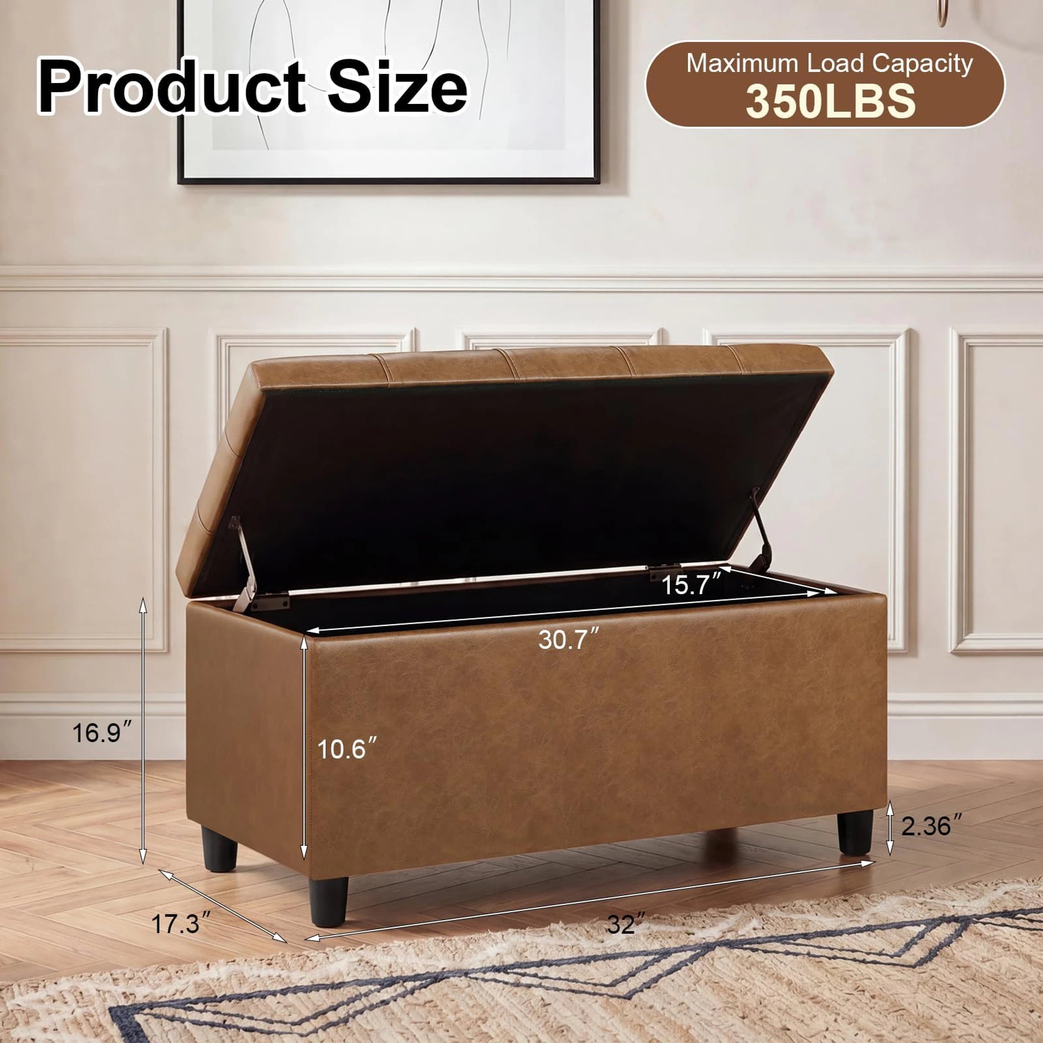 ASense Cognac Brown Faux Leather Storage Ottoman Bench – dimensions chart