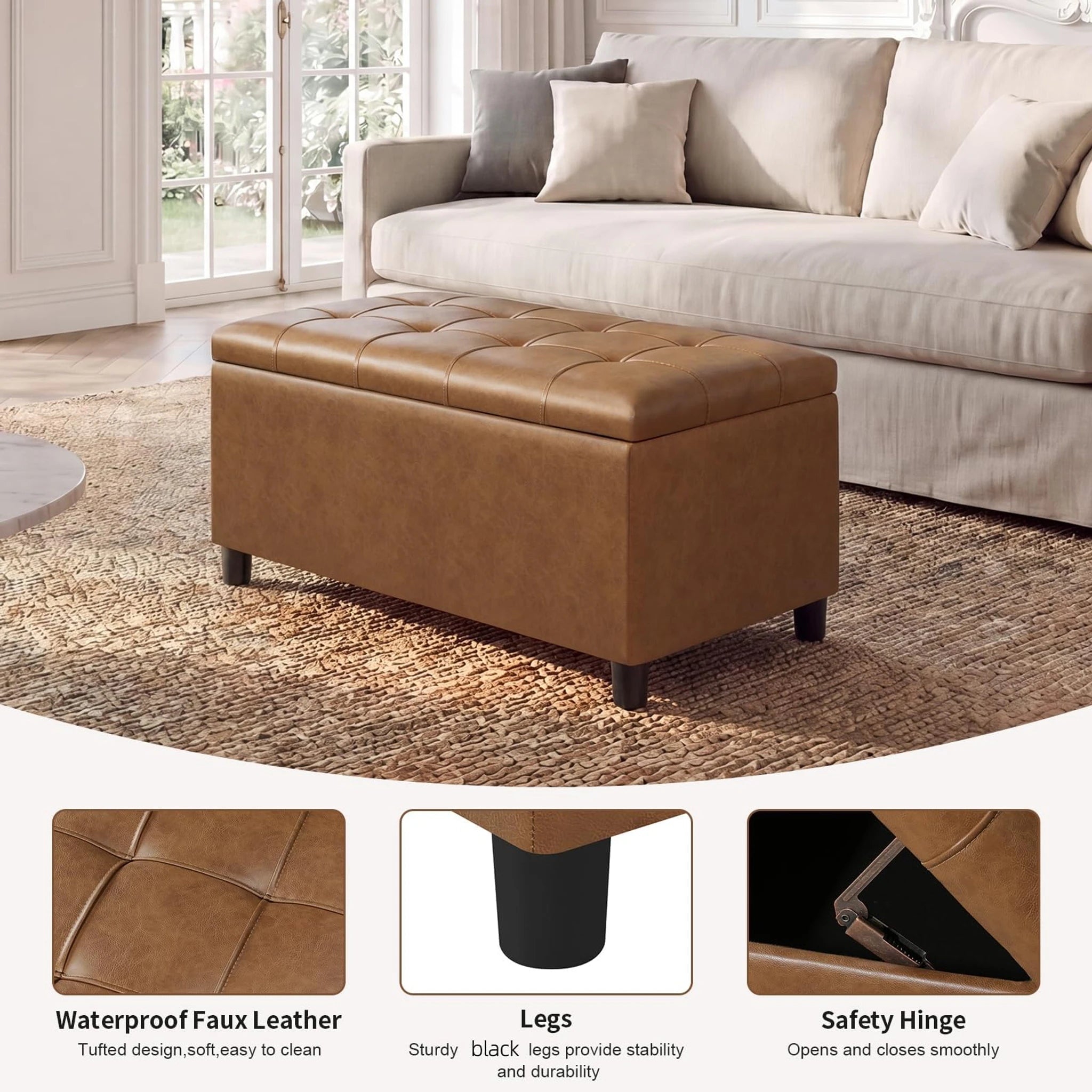 ASense Cognac Brown Faux Leather Storage Ottoman Bench – detail and materials view