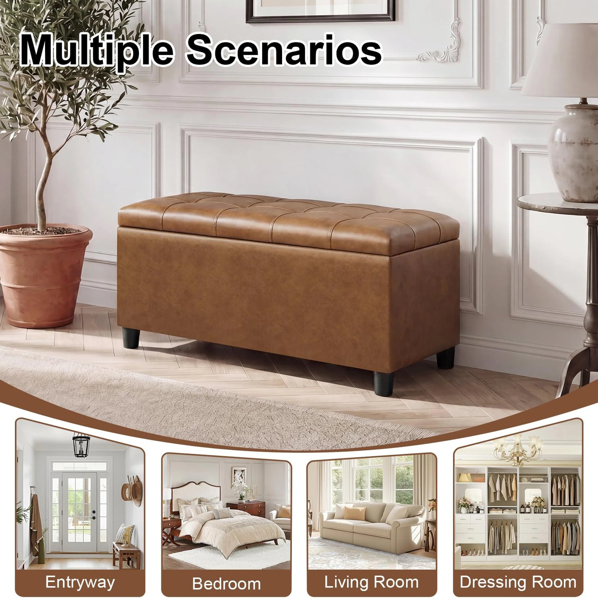 ASense Cognac Brown Faux Leather Storage Ottoman Bench – lifestyle room view