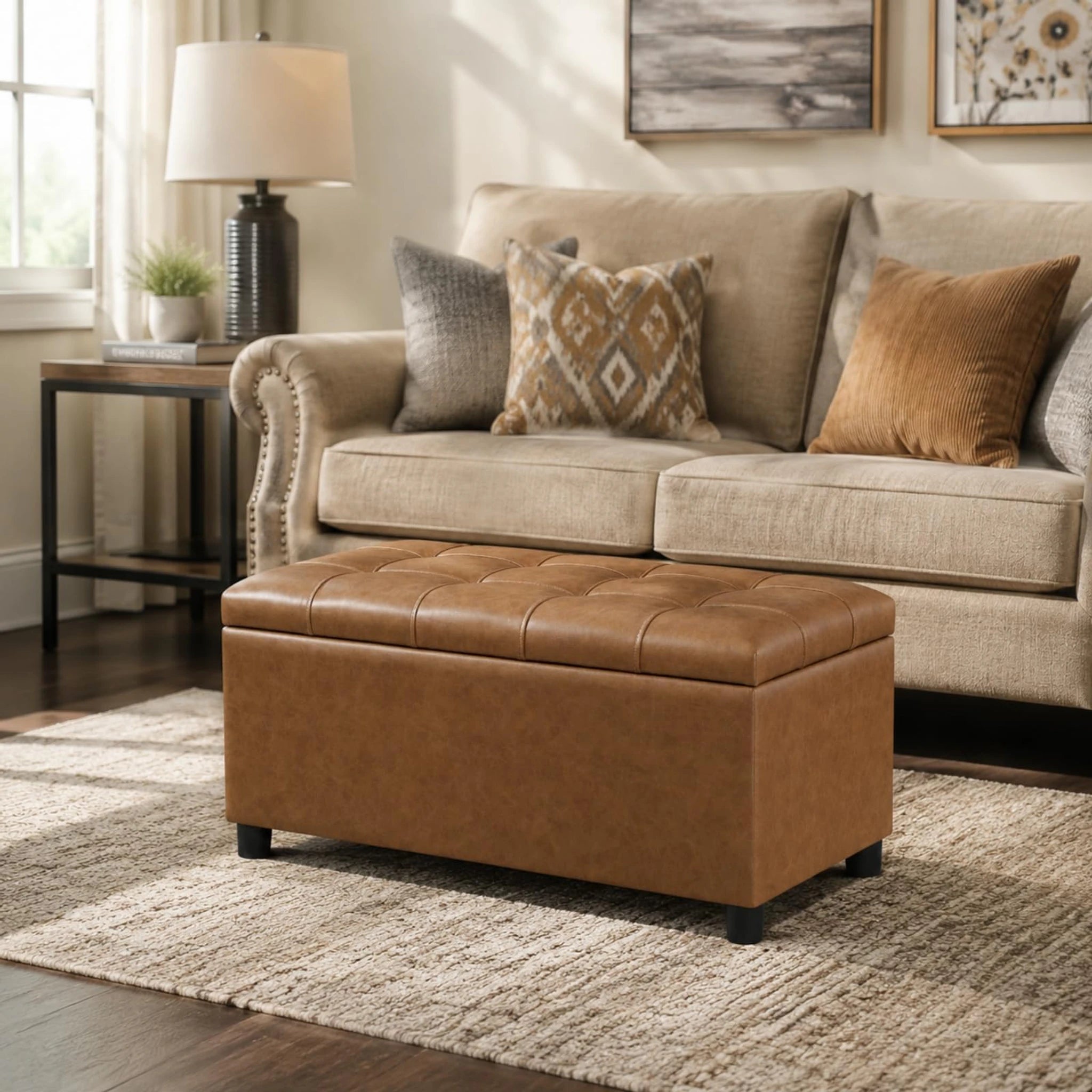 ASense Cognac Brown Tufted Faux Leather Storage Ottoman Bench – styled home scene