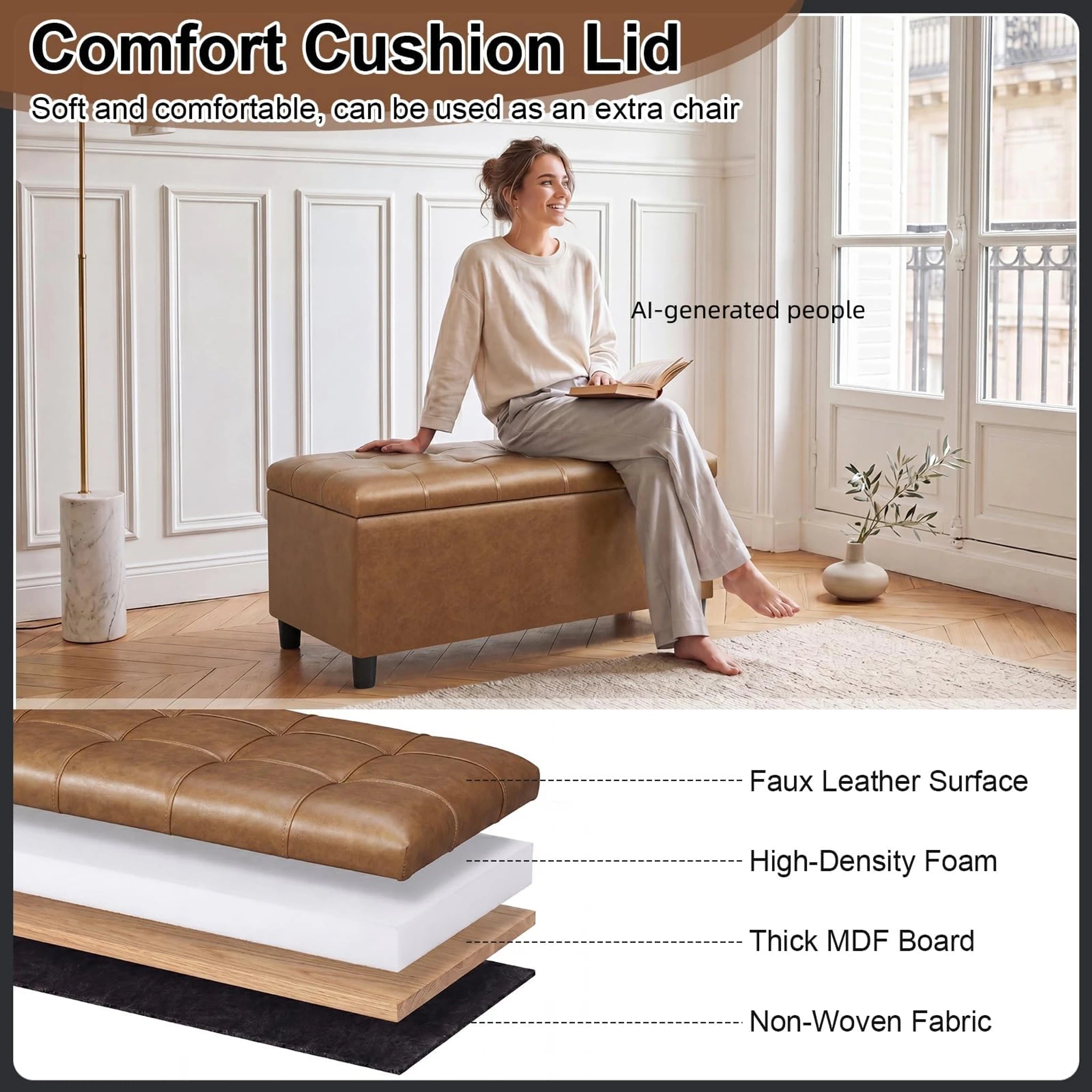 ASense Cognac Brown Tufted Faux Leather Storage Ottoman Bench – detail and materials view