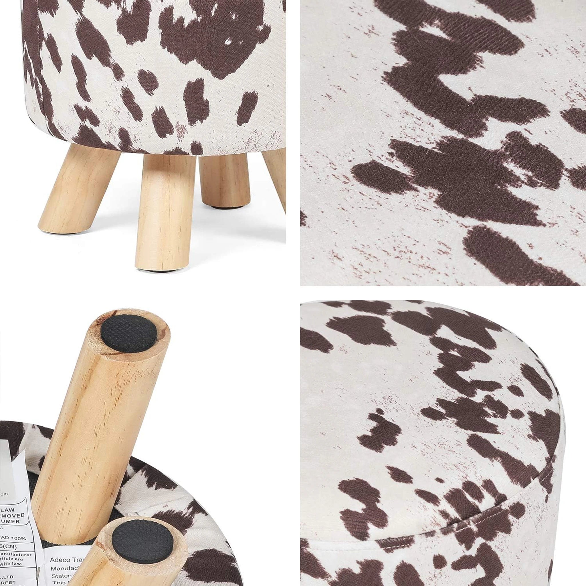 ASense Cow Brown Linen Round Pouf Ottoman – detail and materials view