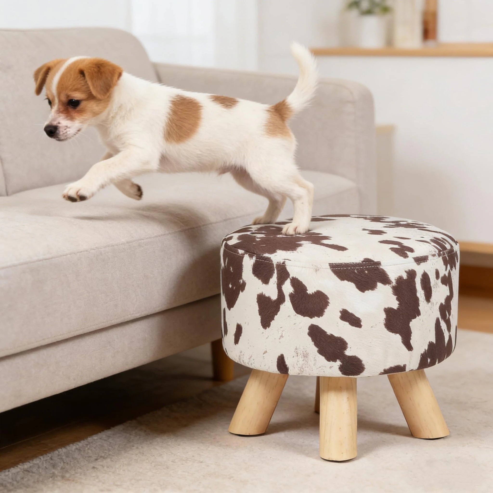 ASense Cow Brown Linen Round Pouf Ottoman – lifestyle room view