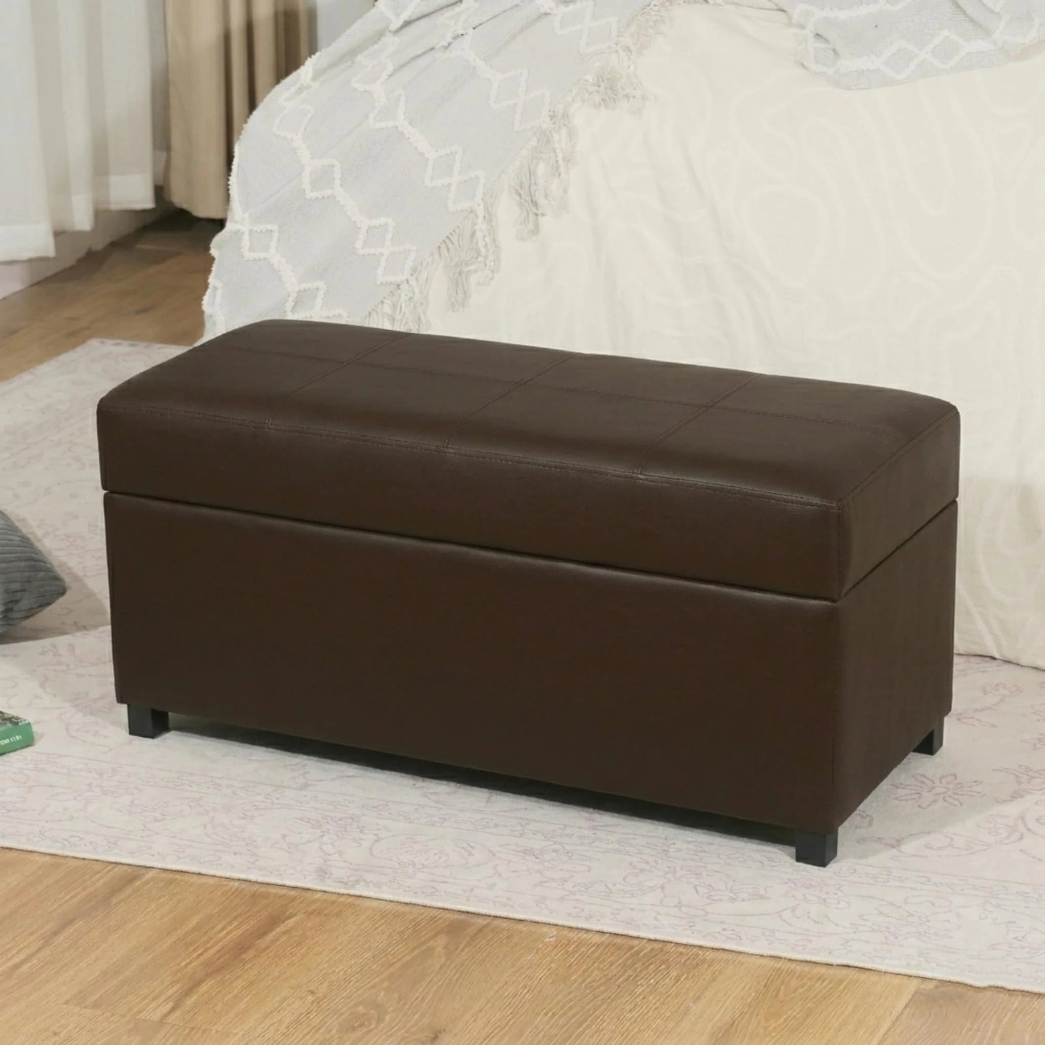 ASense Dark Brown Tufted Faux Leather Storage Ottoman Bench – styled home scene
