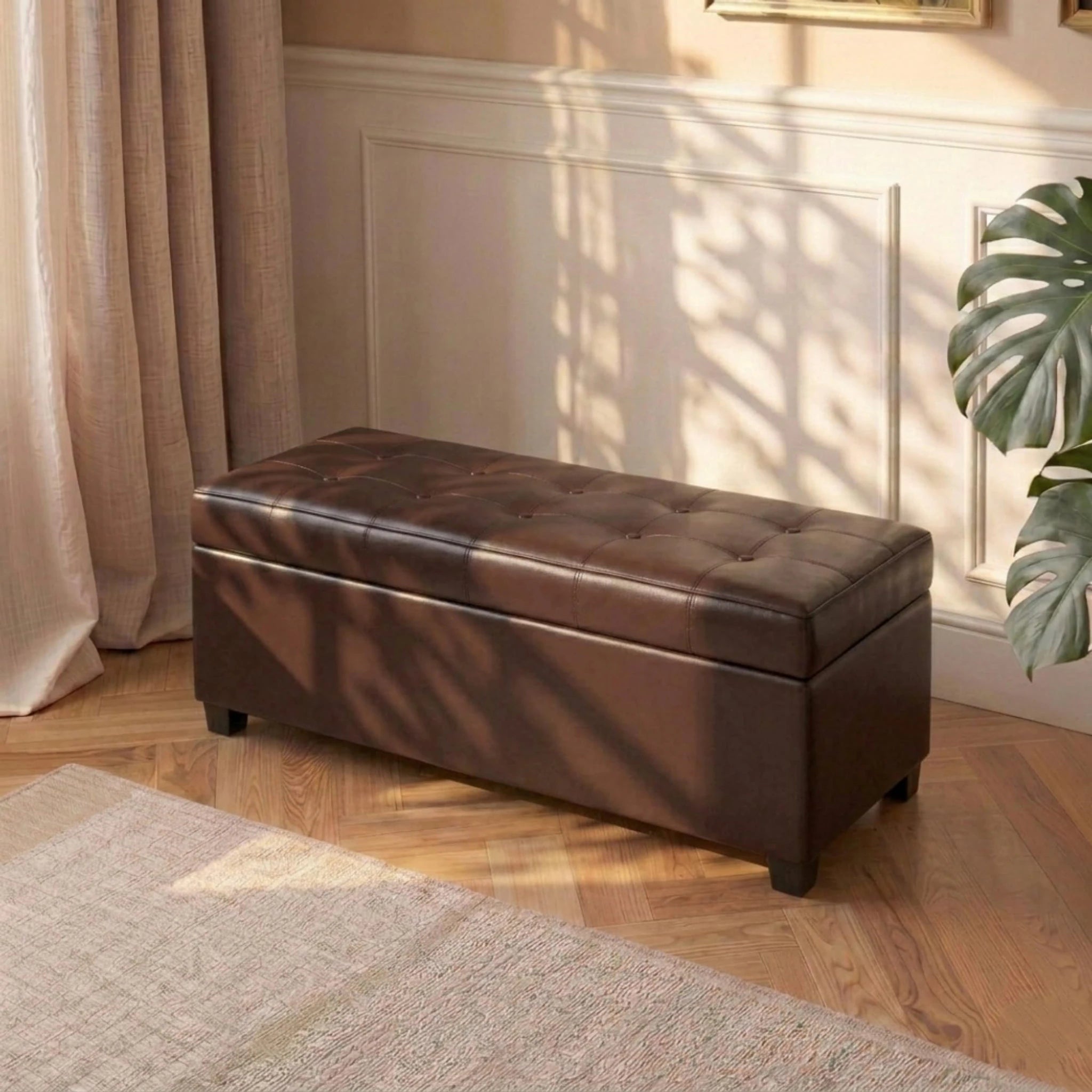 ASense Dark Brown Tufted Faux Leather Storage Ottoman Bench – styled home scene