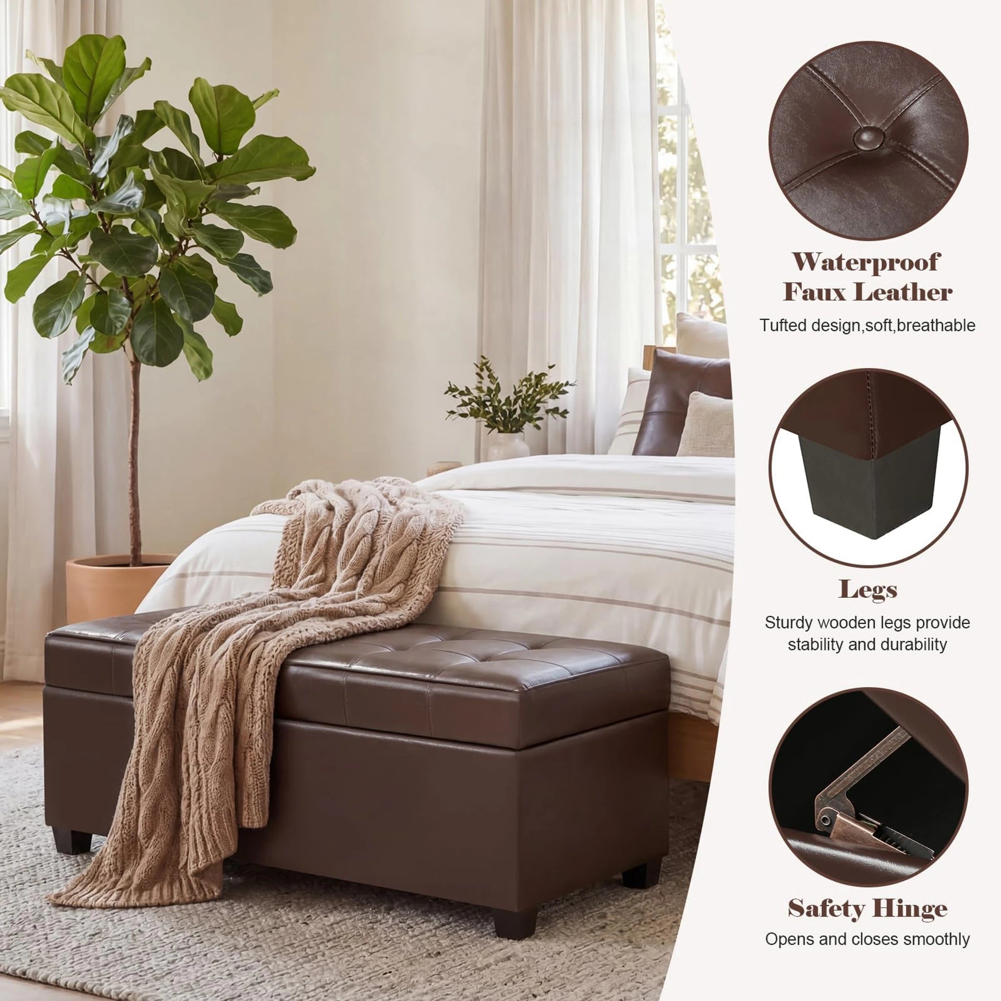 ASense Dark Brown Tufted Faux Leather Storage Ottoman Bench – detail and materials view