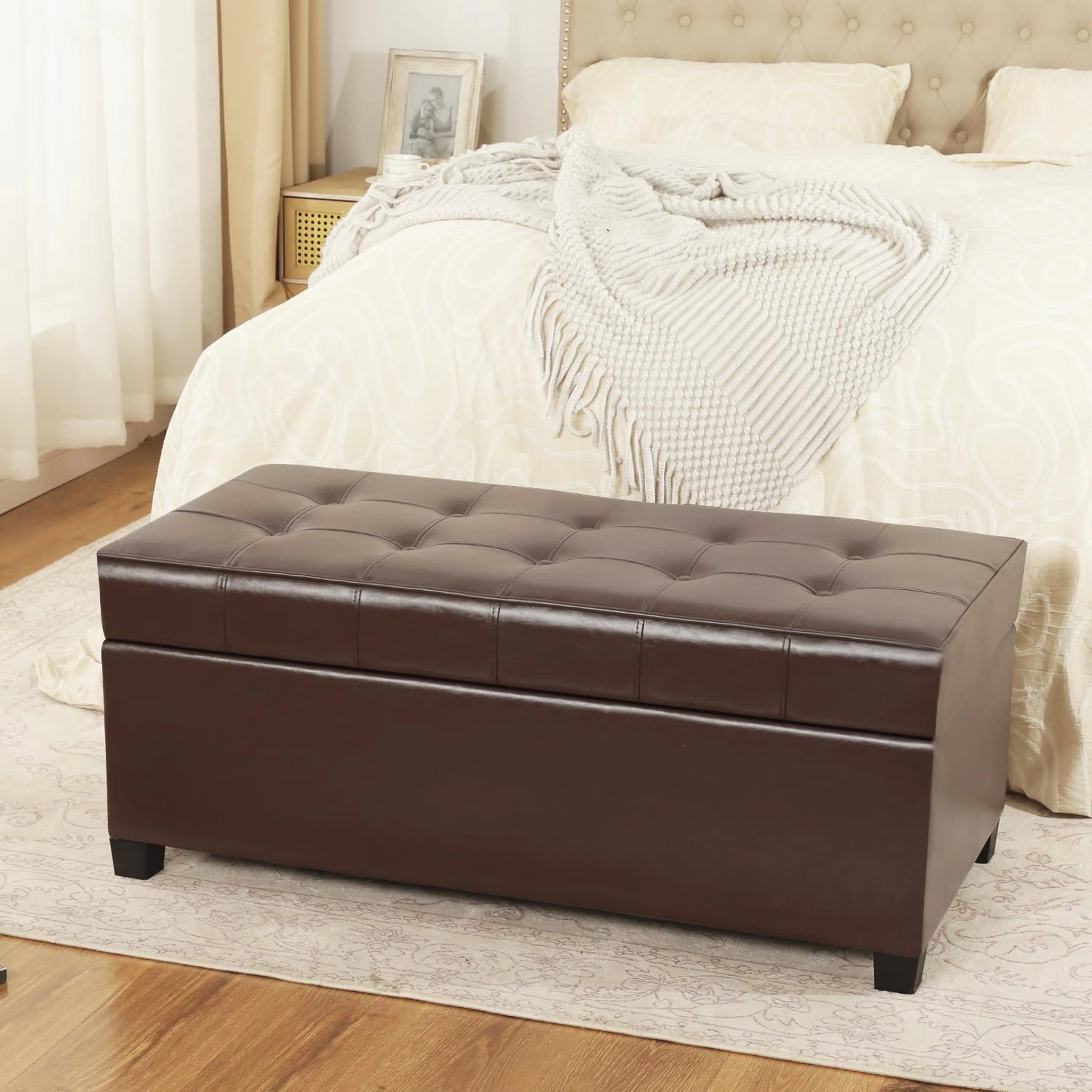 ASense Dark Brown Tufted Faux Leather Storage Ottoman Bench – lifestyle room view