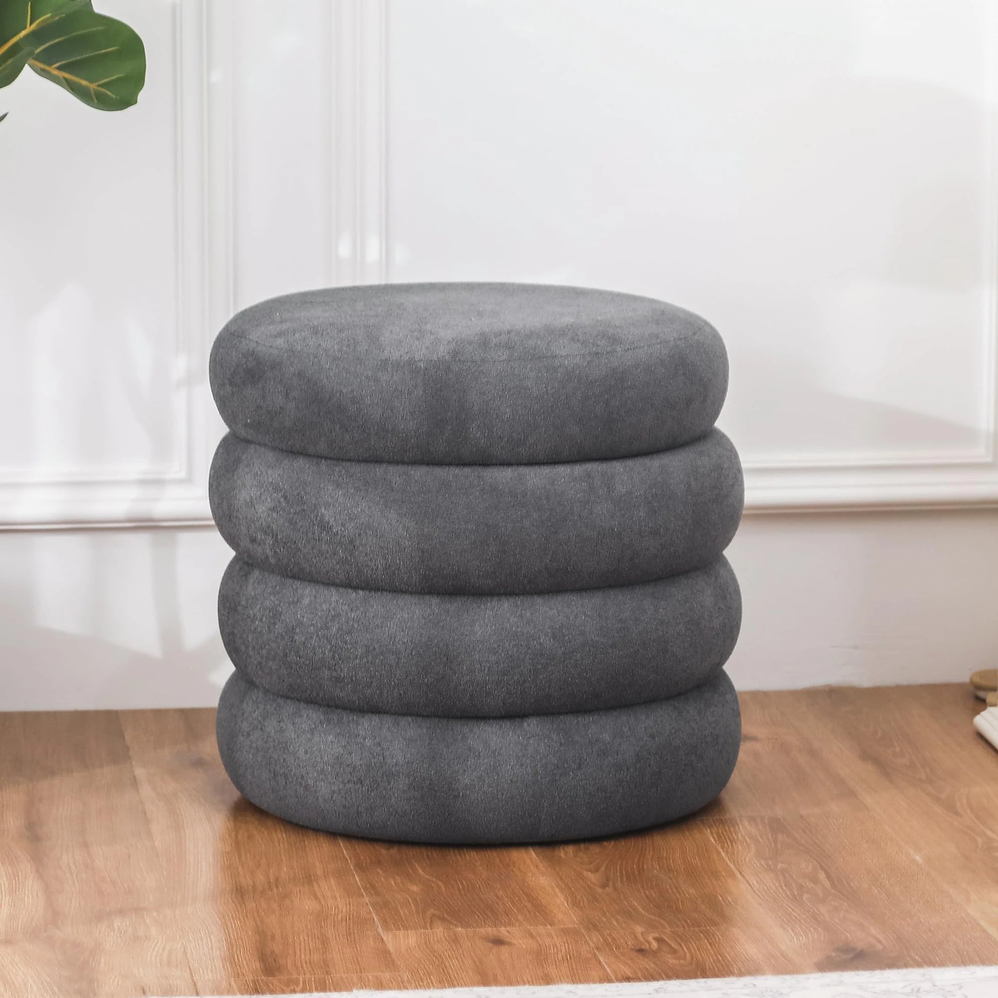 ASense Dark Grey Fabric Round Storage Ottoman – styled home scene