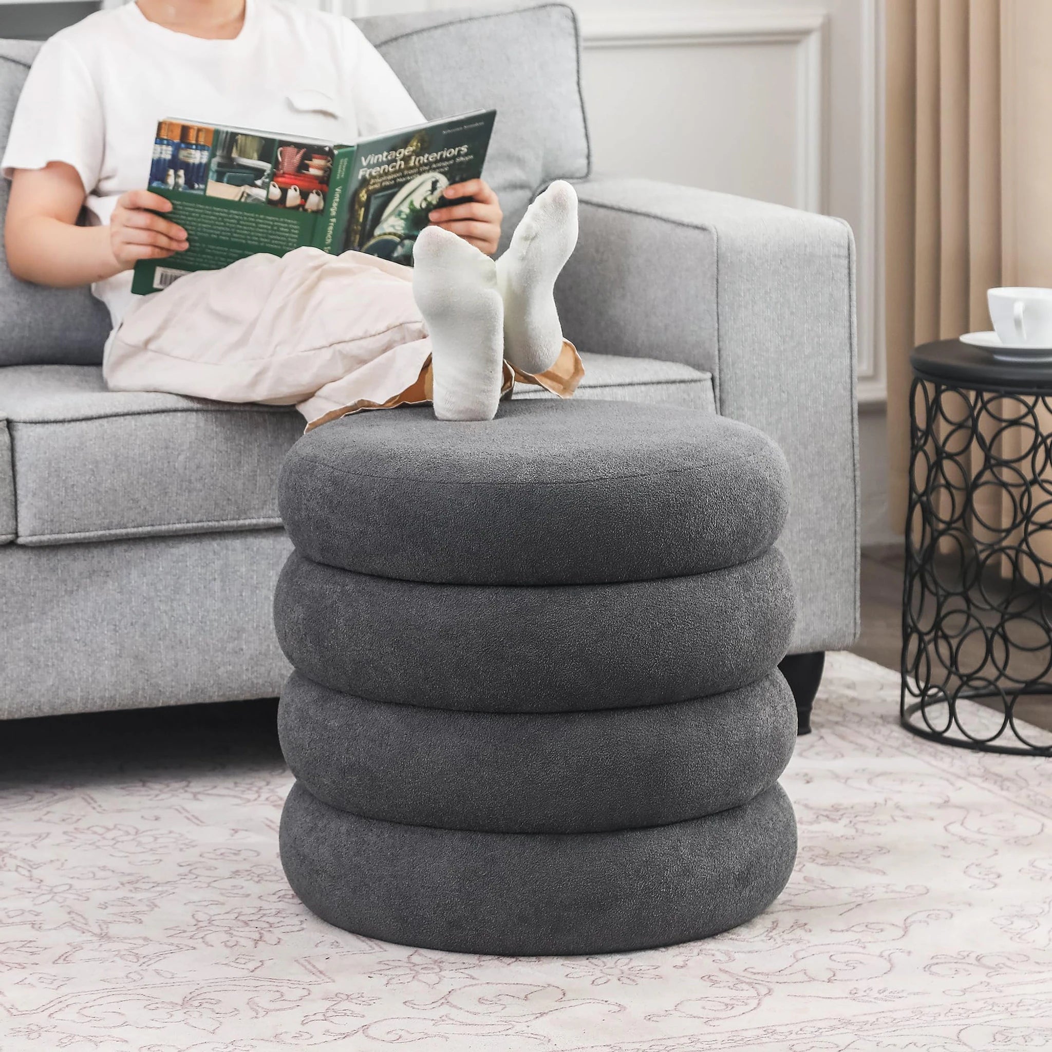ASense Dark Grey Fabric Round Storage Ottoman – detail and materials view