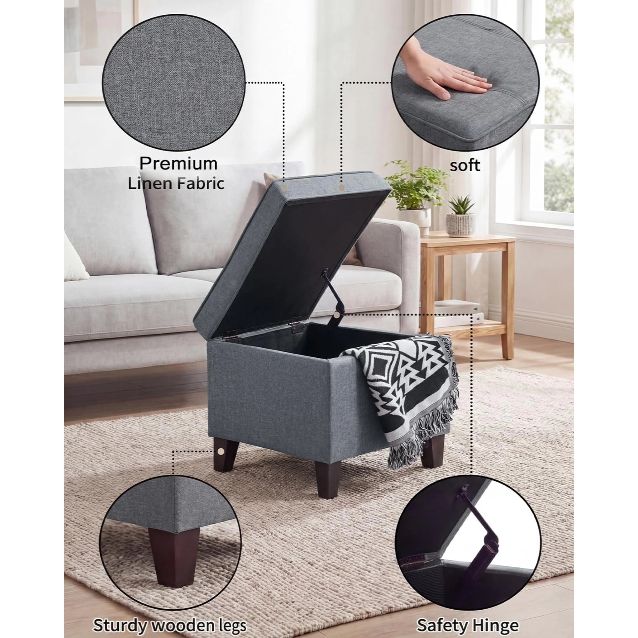 ASense Dark Grey Linen Square Storage Ottoman – detail and materials view