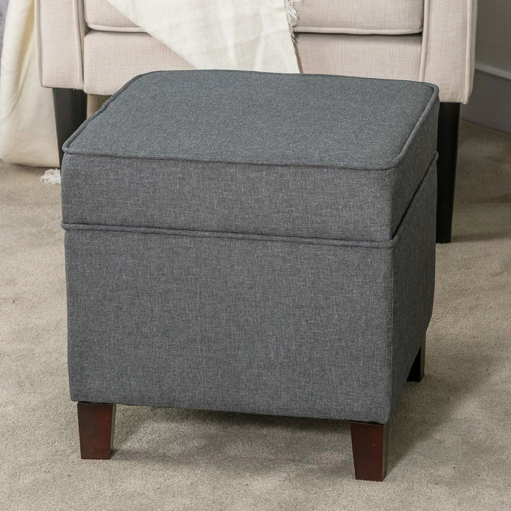ASense Dark Grey Linen Square Storage Ottoman – lifestyle room view