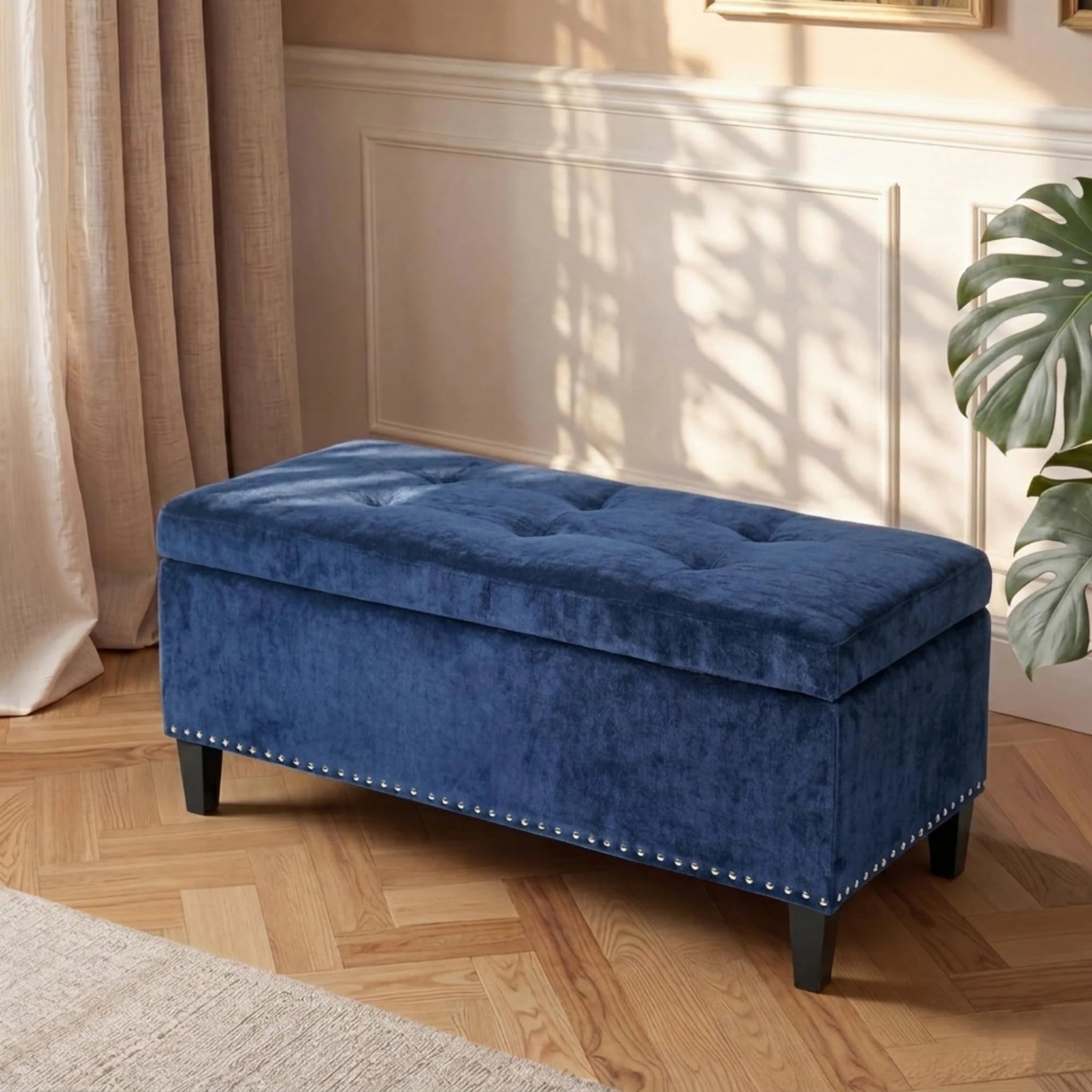 ASense Drak Blue Tufted Linen Storage Ottoman – styled home scene