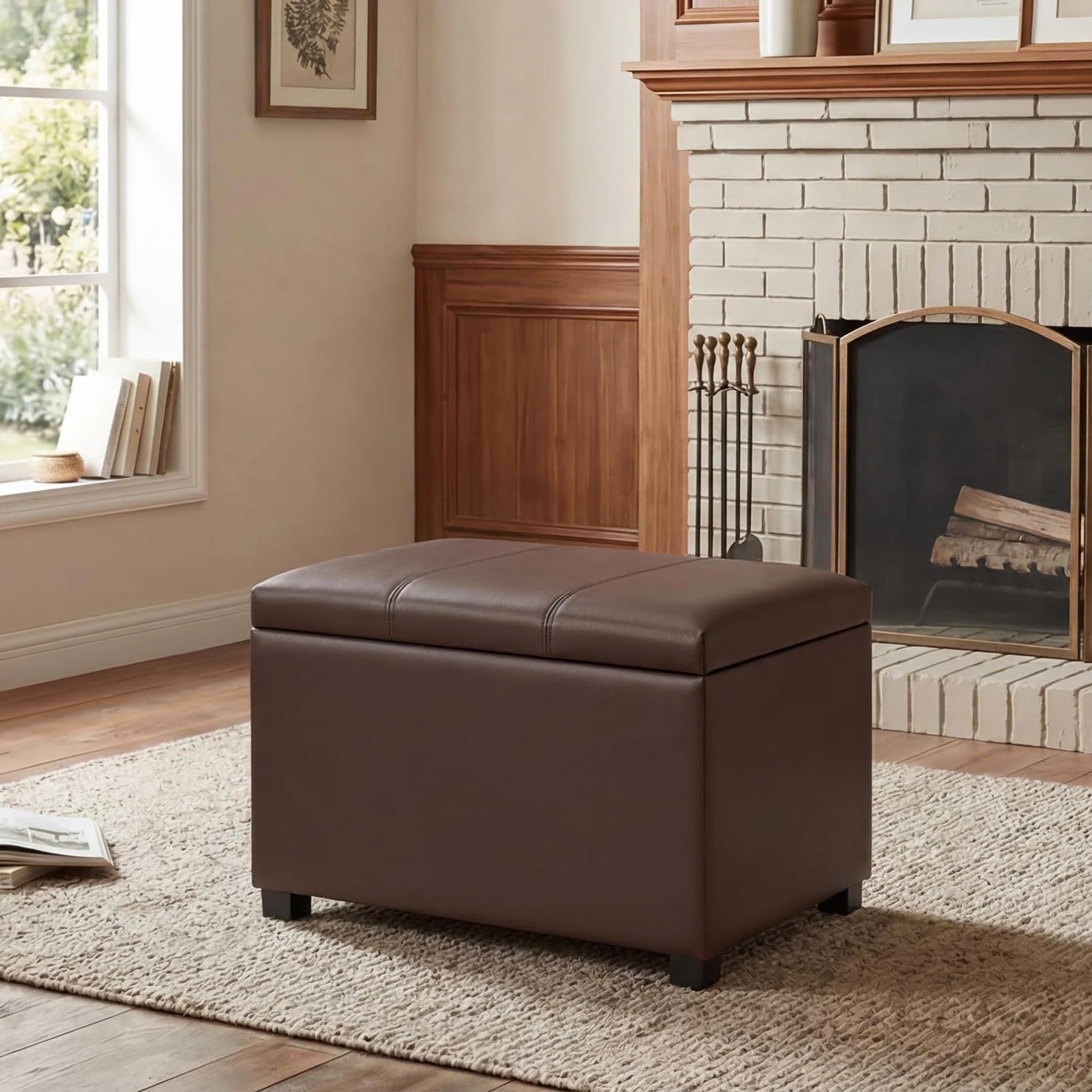 ASense Espresso Brown Faux Leather Storage Ottoman – styled home scene