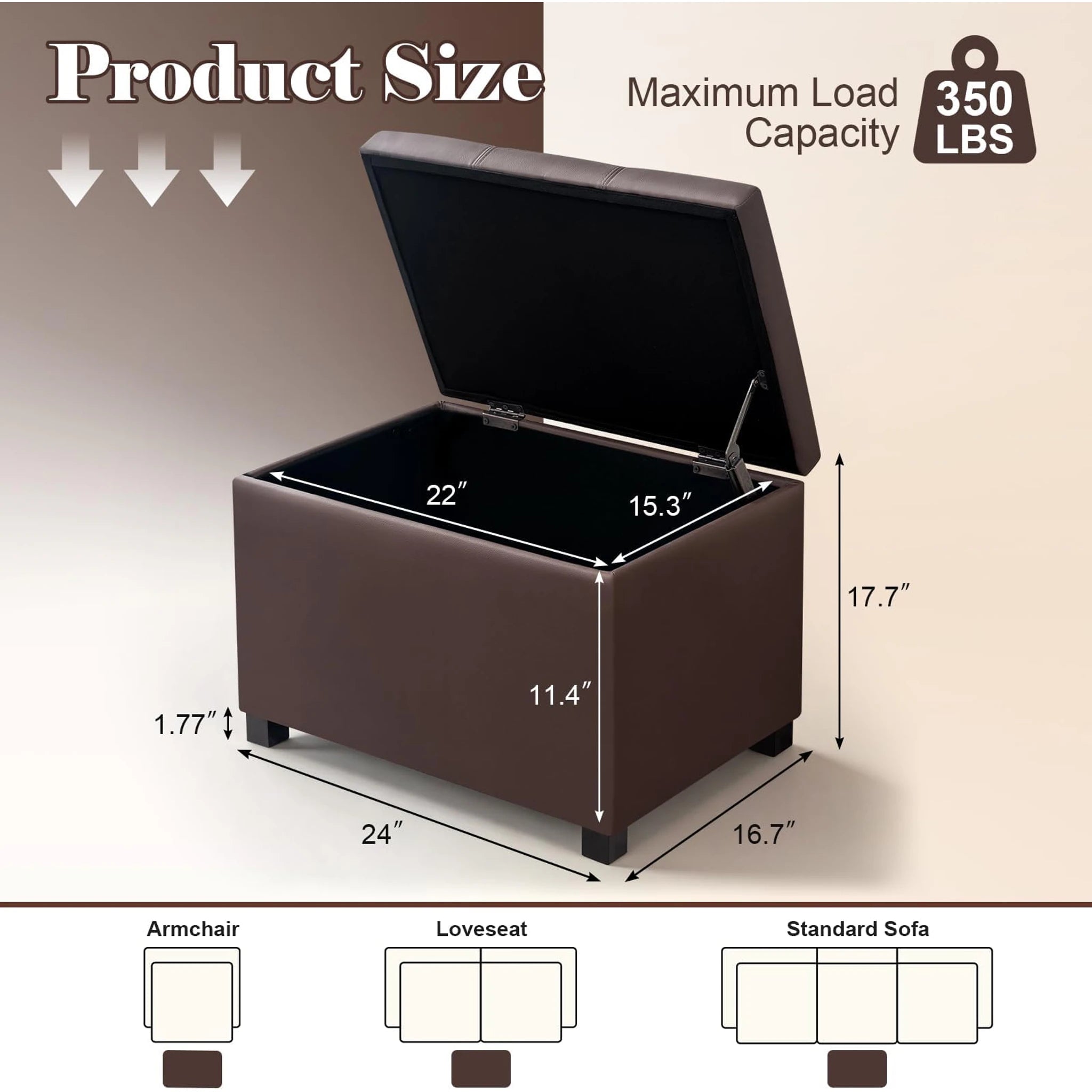 ASense Espresso Brown Faux Leather Storage Ottoman – dimensions chart