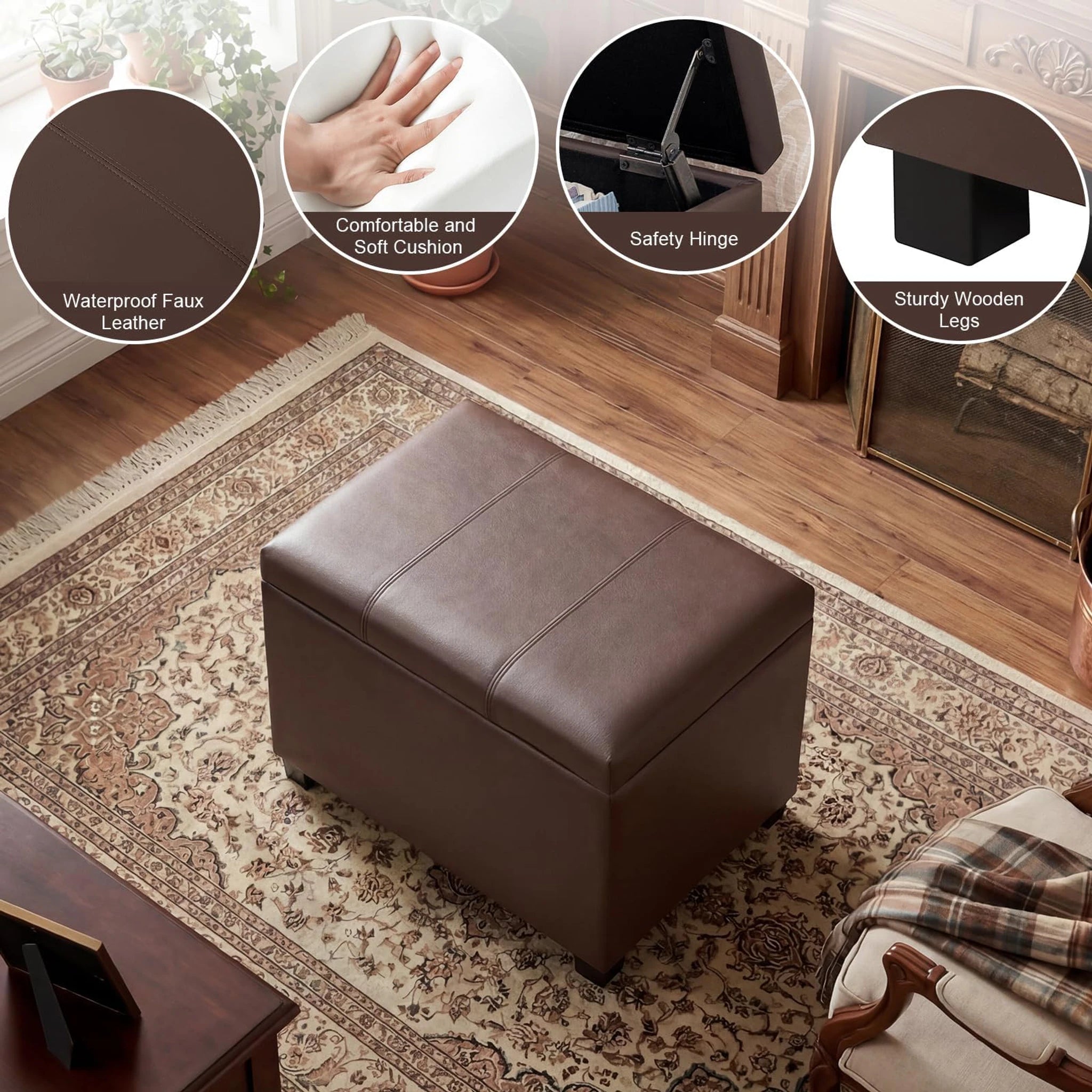 ASense Espresso Brown Faux Leather Storage Ottoman – detail and materials view