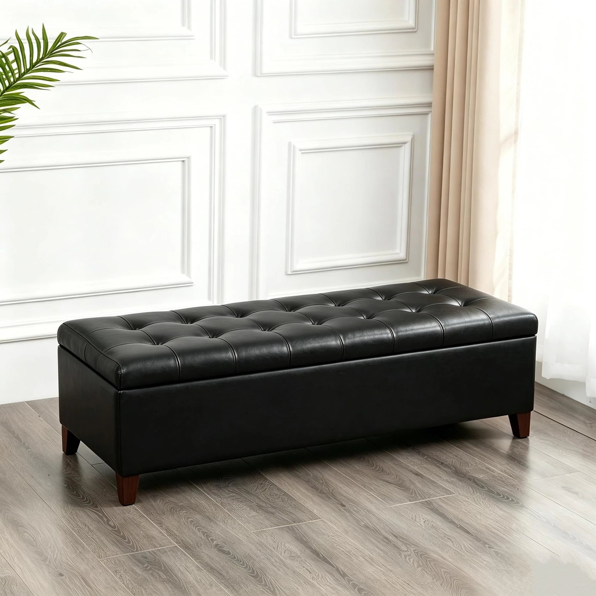 ASense Faux Leather Black (15.7"H) Tufted Faux Leather Storage Ottoman Bench – styled home scene
