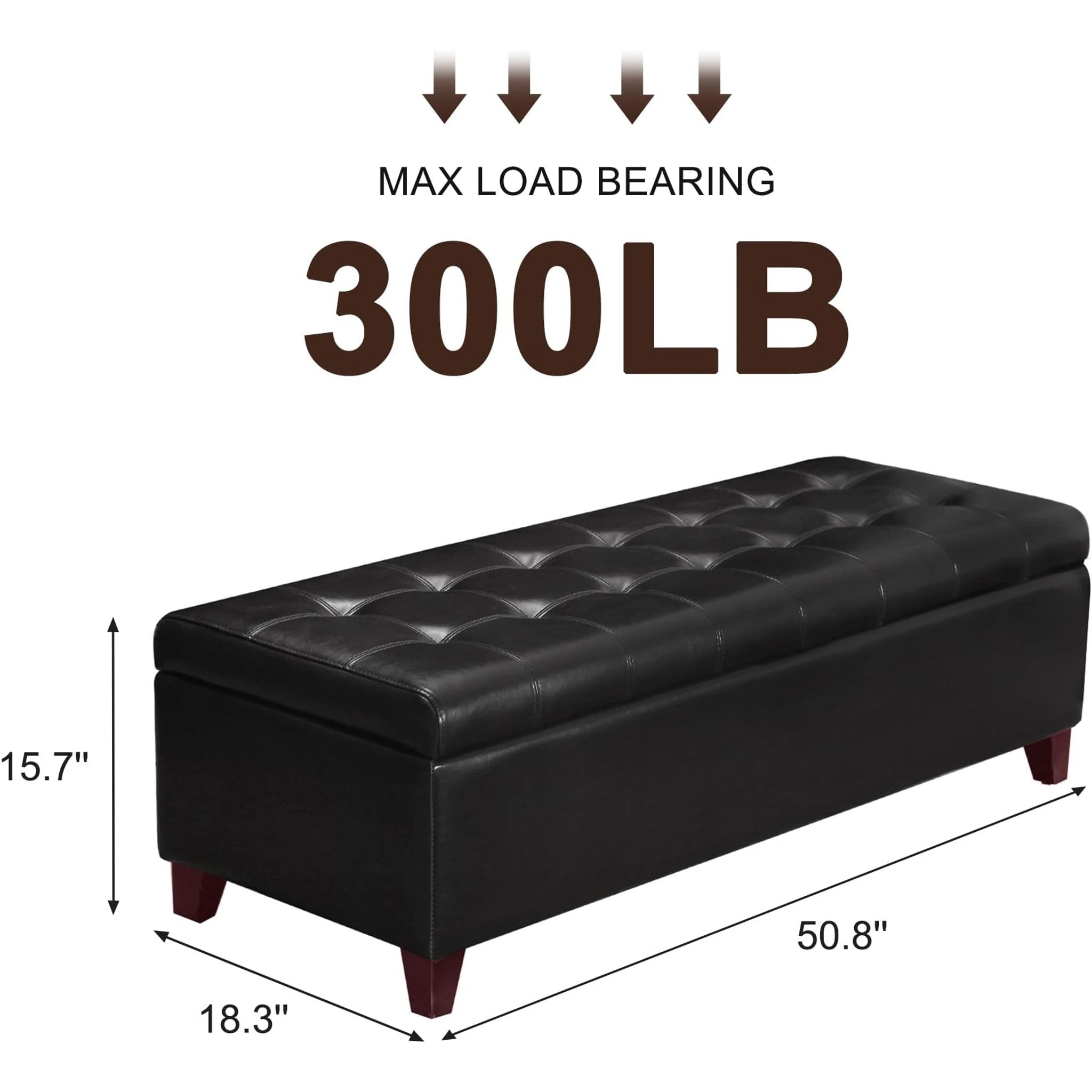 ASense Faux Leather Black (15.7"H) Tufted Faux Leather Storage Ottoman Bench – dimensions chart