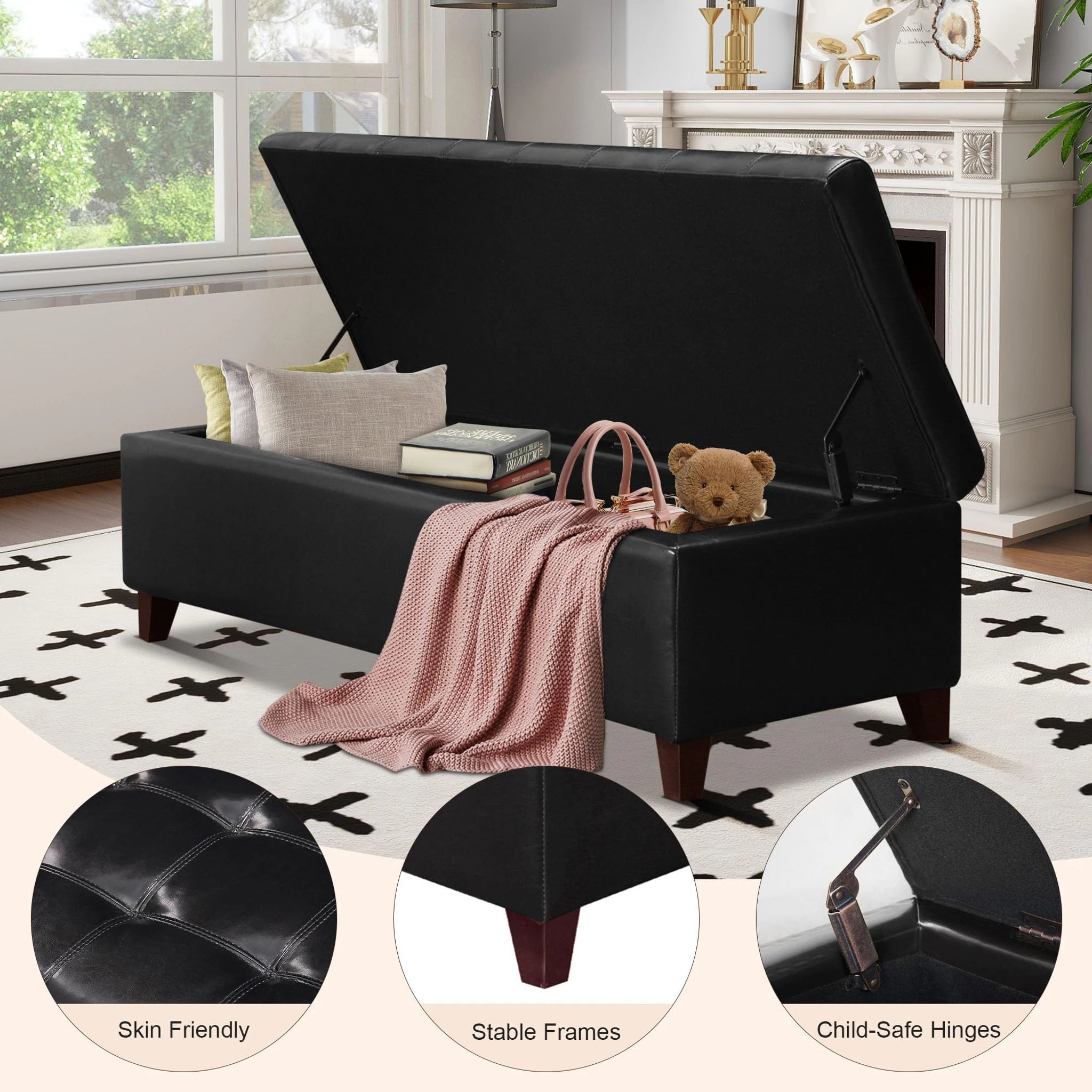 ASense Faux Leather Black (15.7"H) Tufted Faux Leather Storage Ottoman Bench – detail and materials view